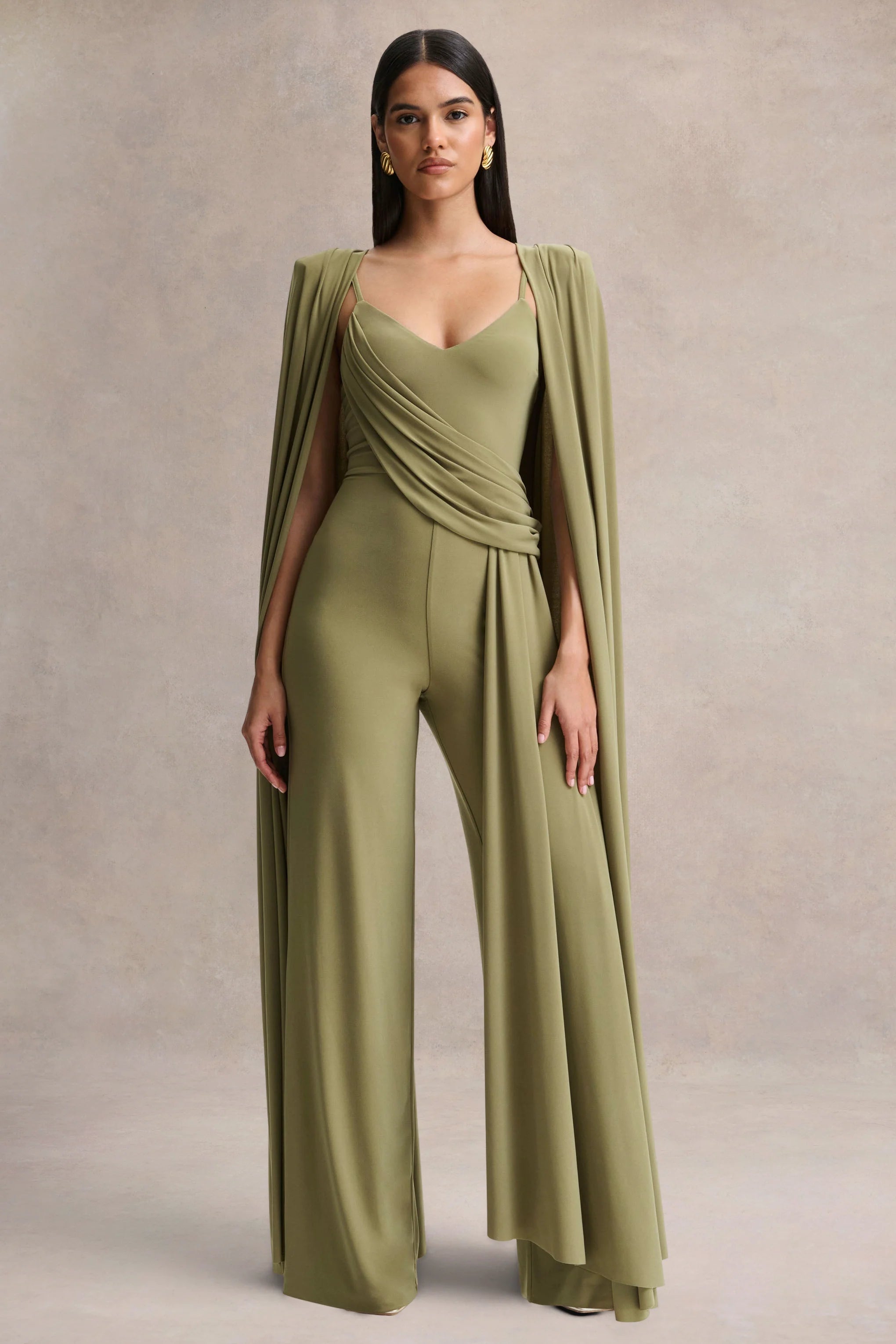 Labina Green Plunge Neck Jumpsuit With Cape Sleeves