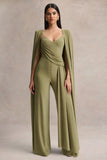 Labina Green Plunge Neck Jumpsuit With Cape Sleeves