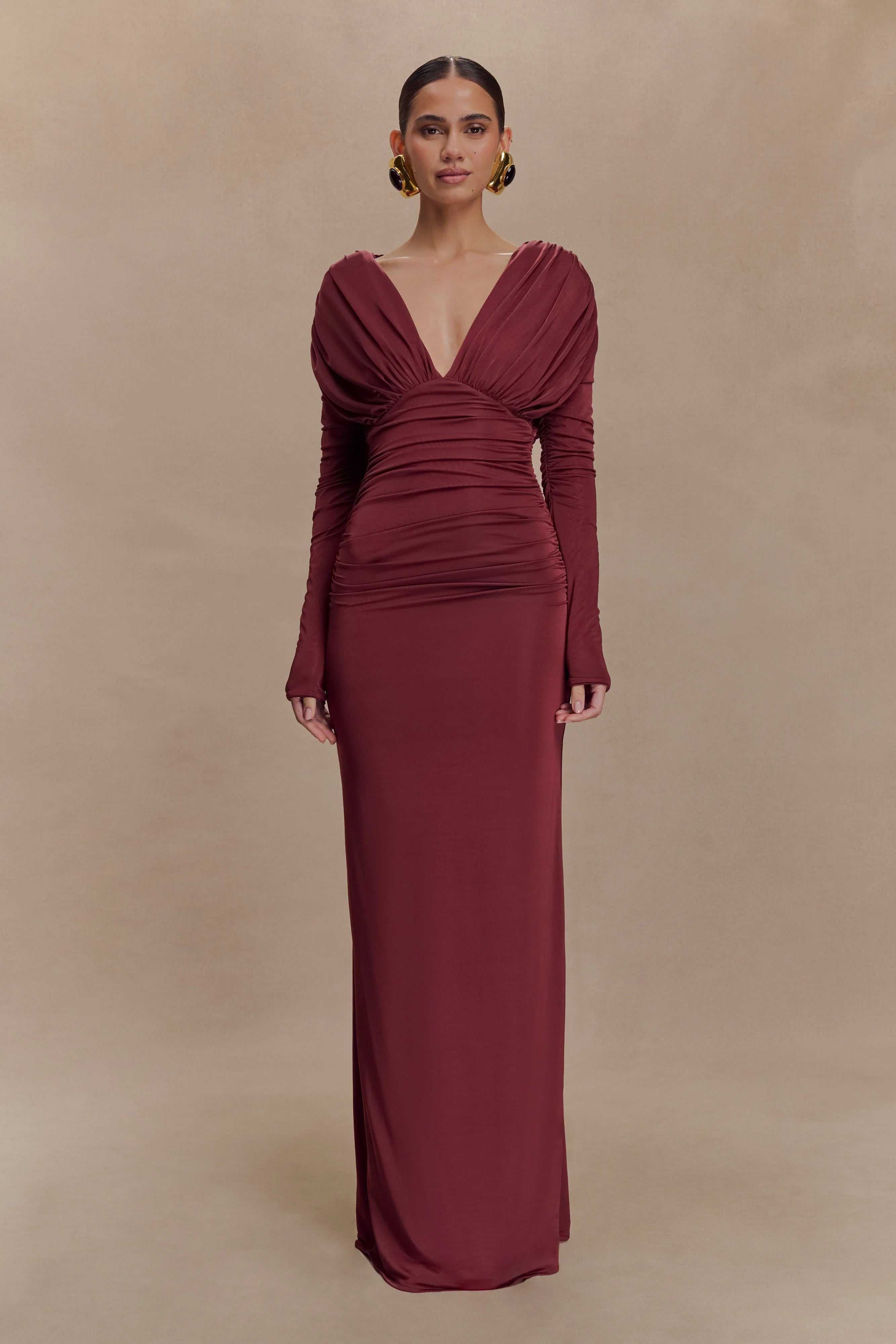 Hayden Long Sleeve Plunge Maxi Dress Wine
