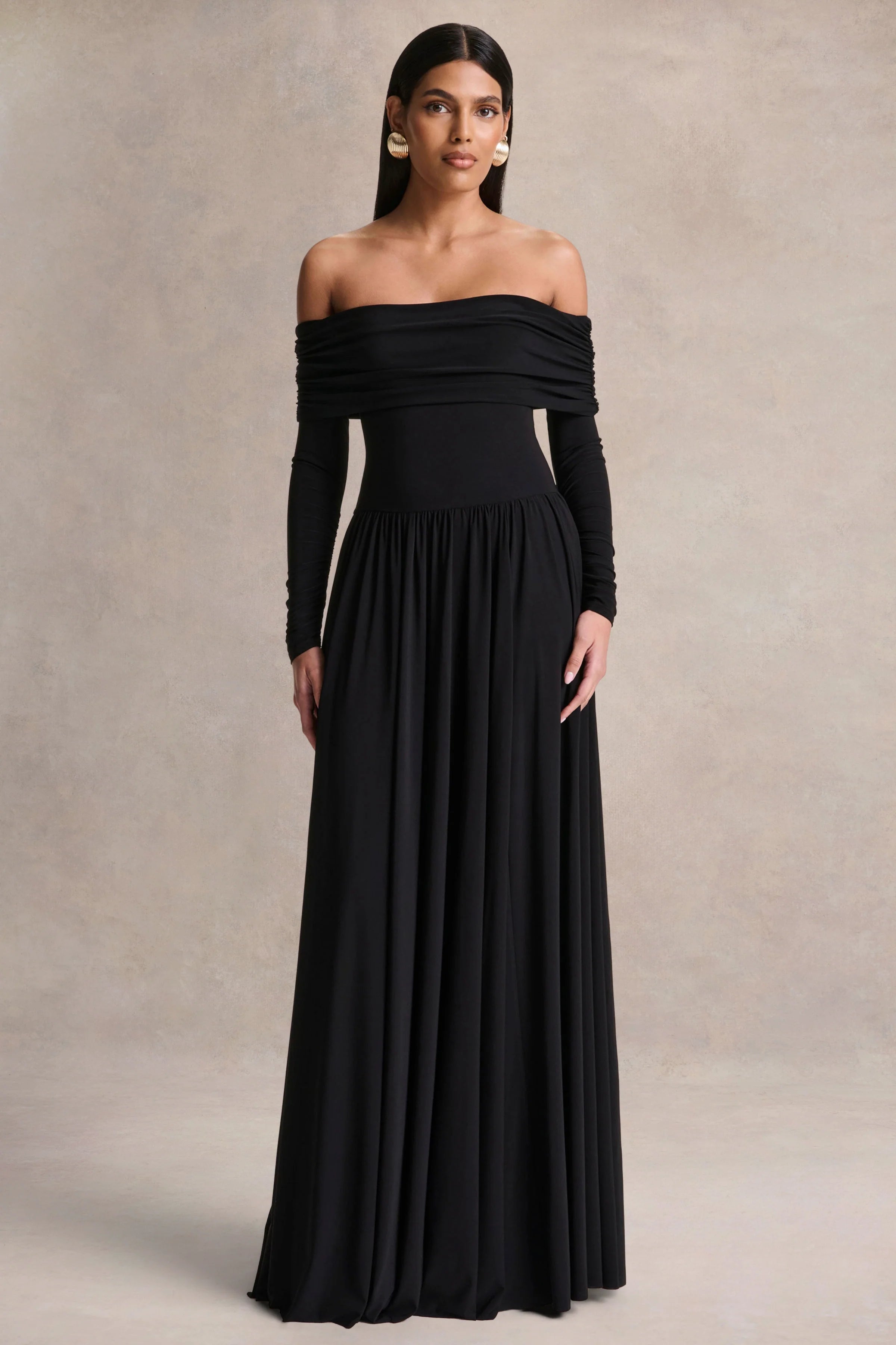 Saskia Black Bardot Neck Maxi Dress