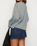 Women Striped Long Sleeve Shirt Crewneck Cropped Pullover Top Fall Winter Vintage Sweatshirt Streetwear
