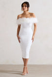 Maiden White Lace Bardot Midi Dress With Feather Trim