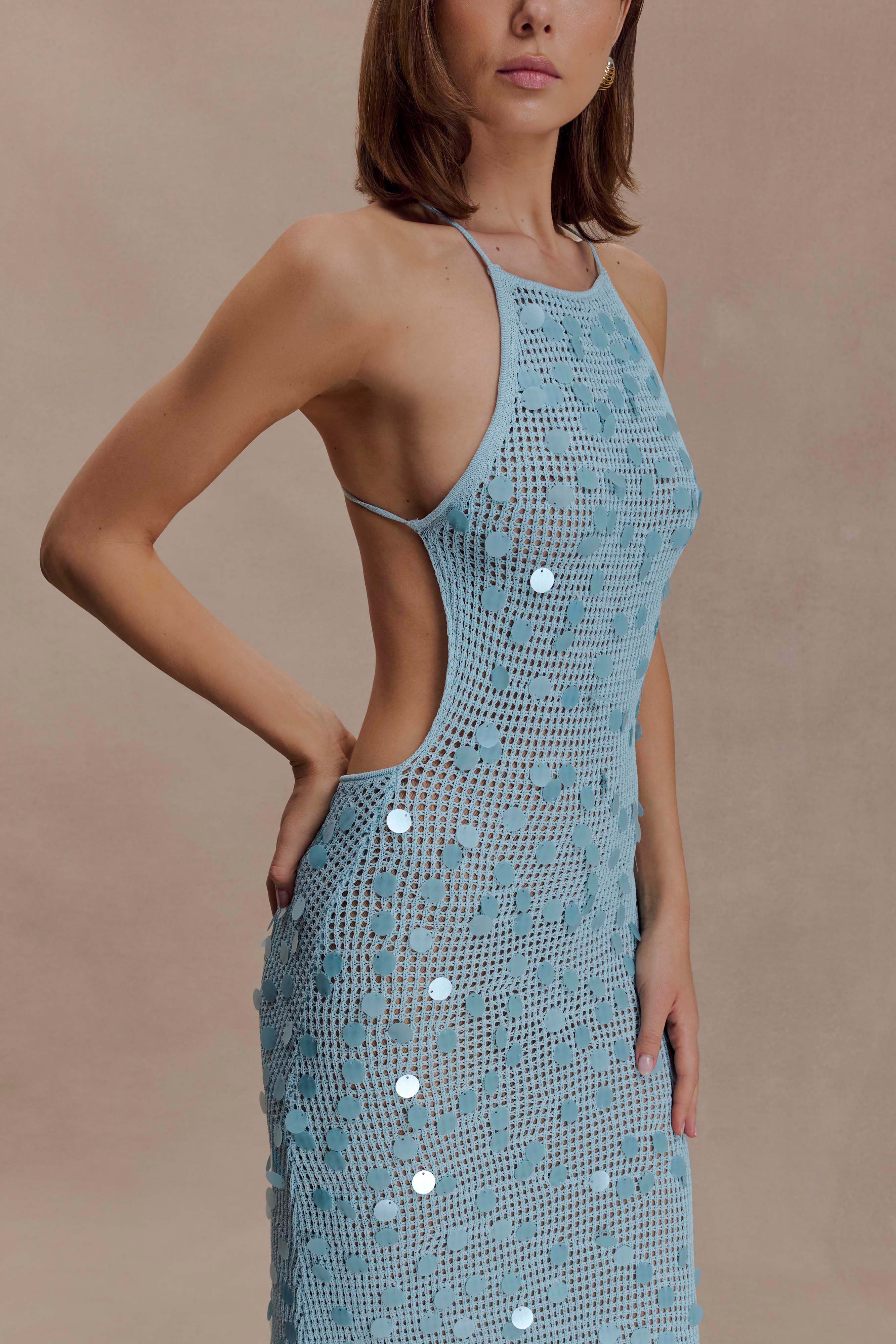 Carmen Crochet Sequin Maxi Open Back Dress Blue