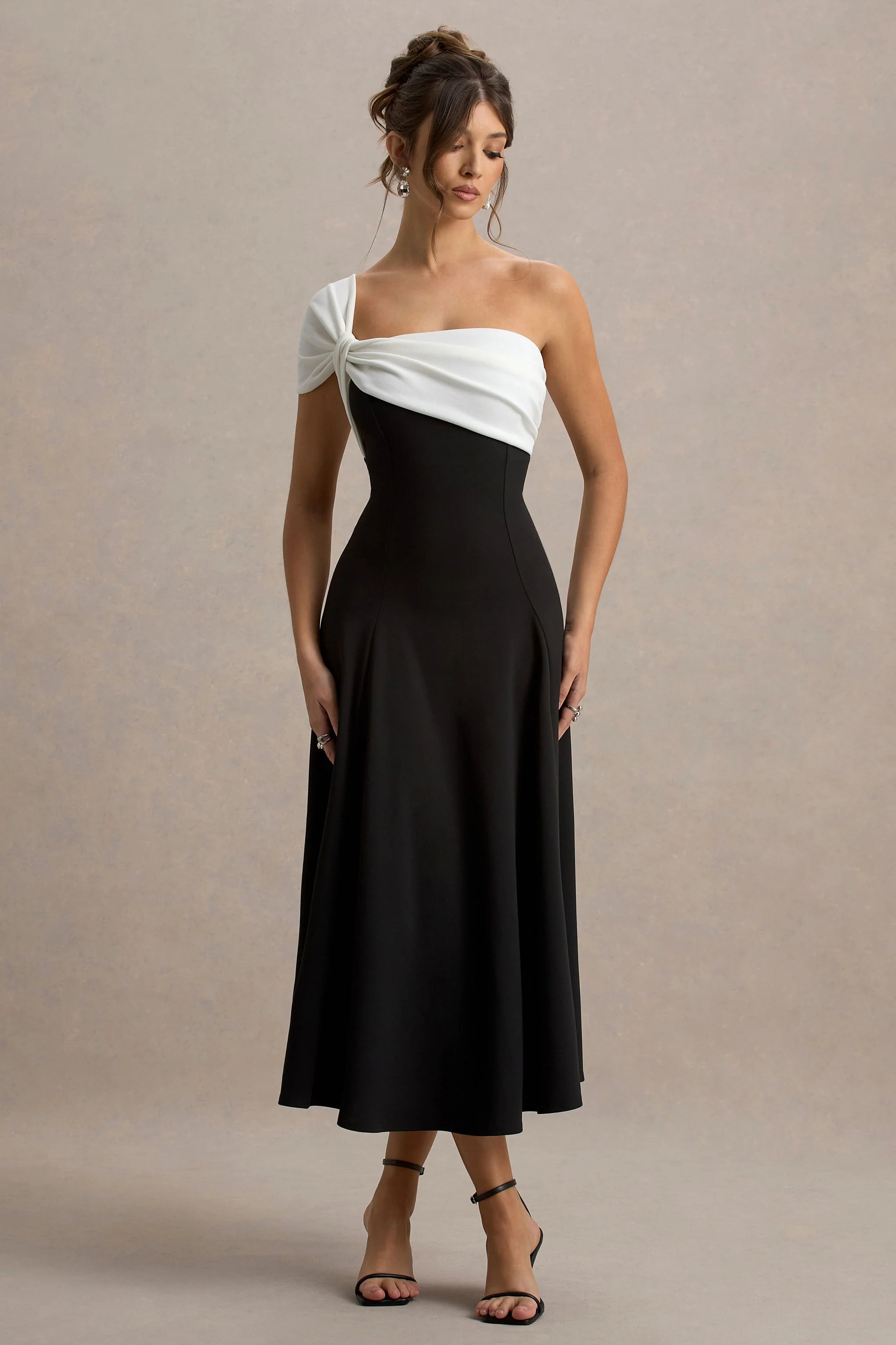 Malta Black White One Shoulder Midi Dress