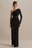 Melody Black Asymmetric Neck Maxi Dress With Lace Detailing And Front High Split