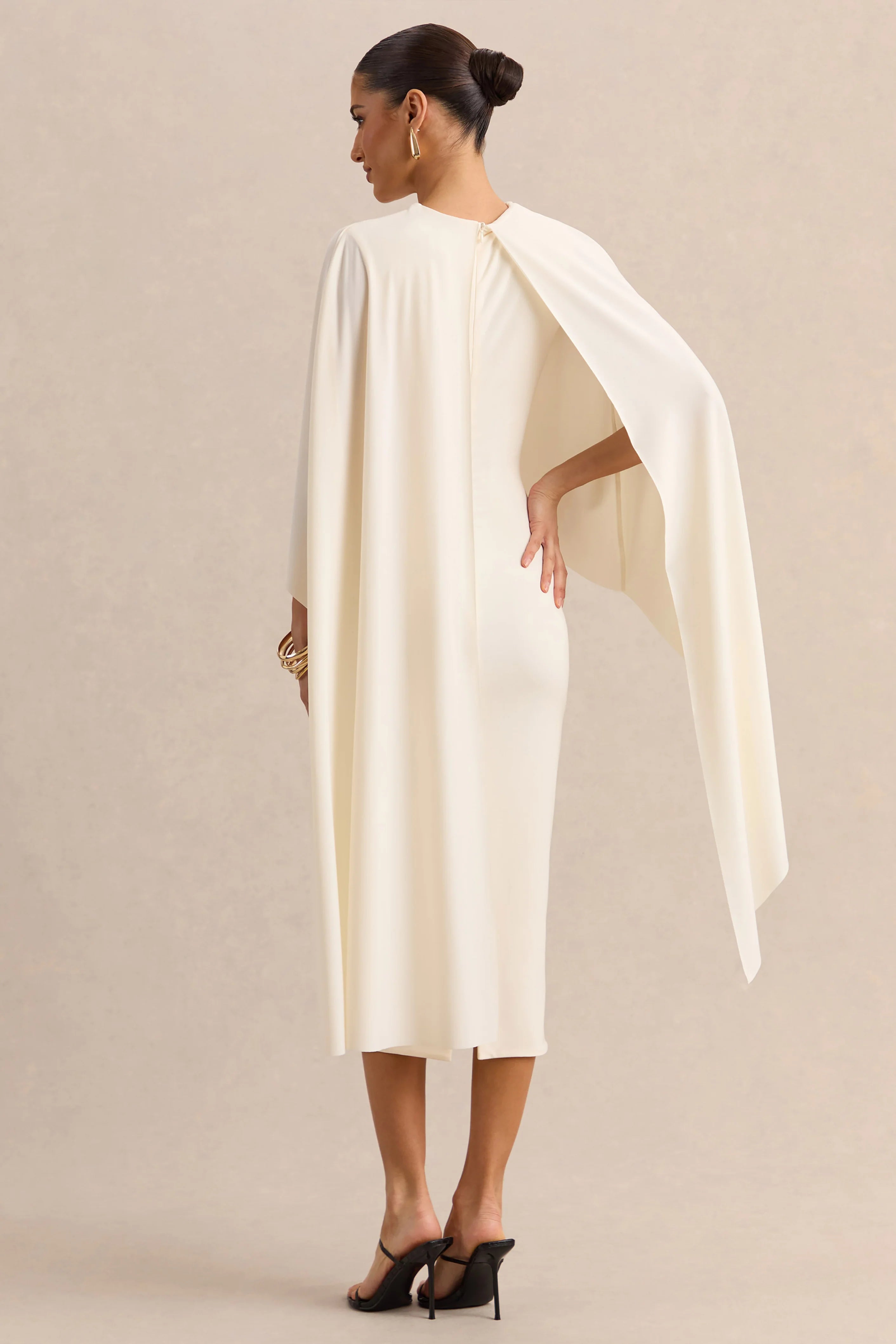 Luxalyn Cream Round Neck Midi Dress With Cape Detail