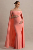 Radiance Coral Bardot Maternity Maxi Dress With Cape