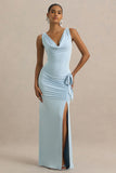 Pure Affection Powder Blue Cowl Neck Maxi Dress With Ruched Detailing And Front High Split