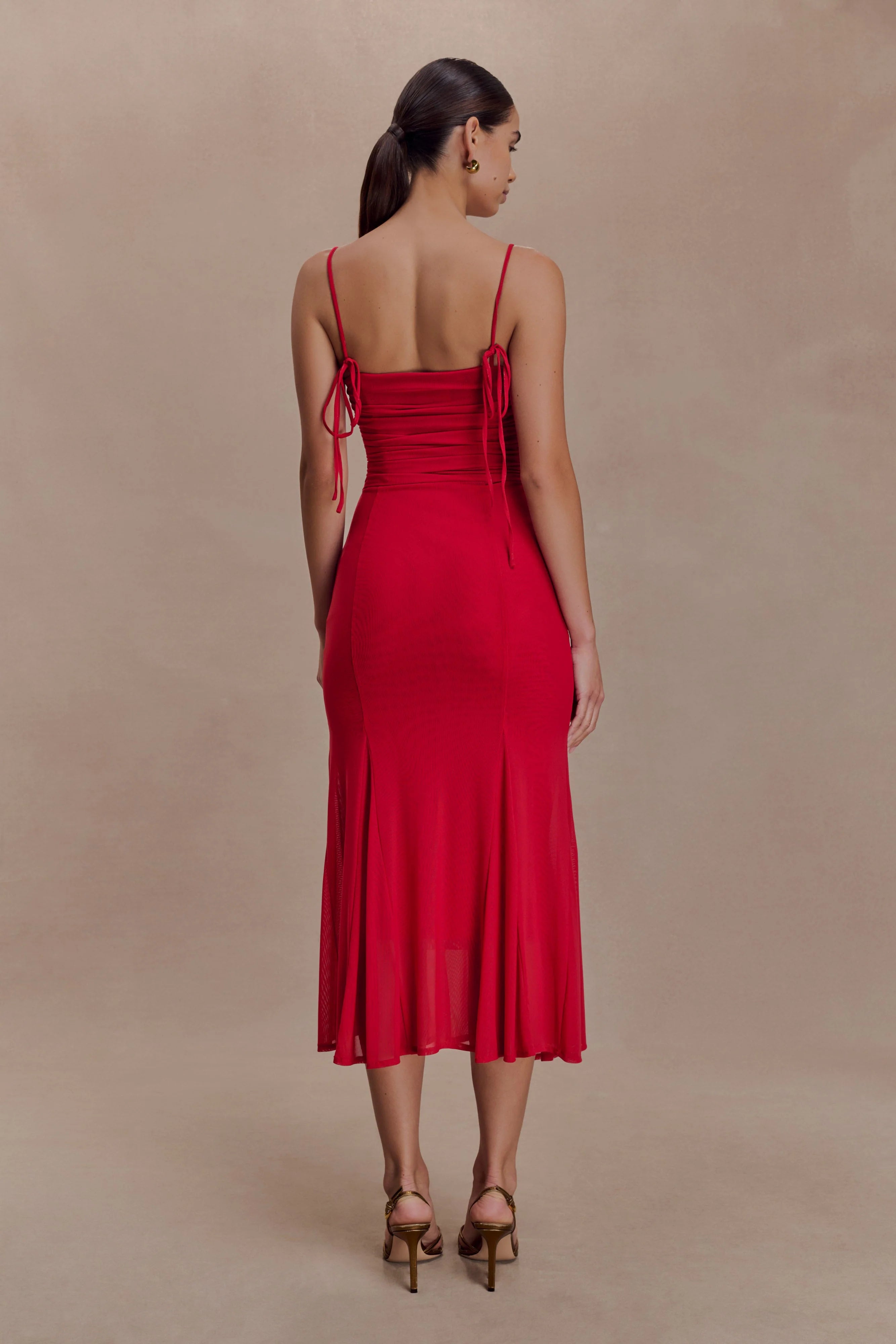 Willa Gathered Mesh Midi Dress Ruby