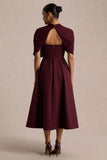 Thalia Burgundy High Neck Midi Dress With Sheer Mesh Cape