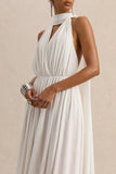 Rylina White Mesh Halter Neck Maxi Dress With Scarf And Open Back