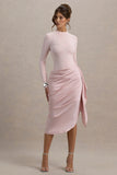 Raffie Pink Long Sleeve Midi Dress With Satin Wrap Skirt