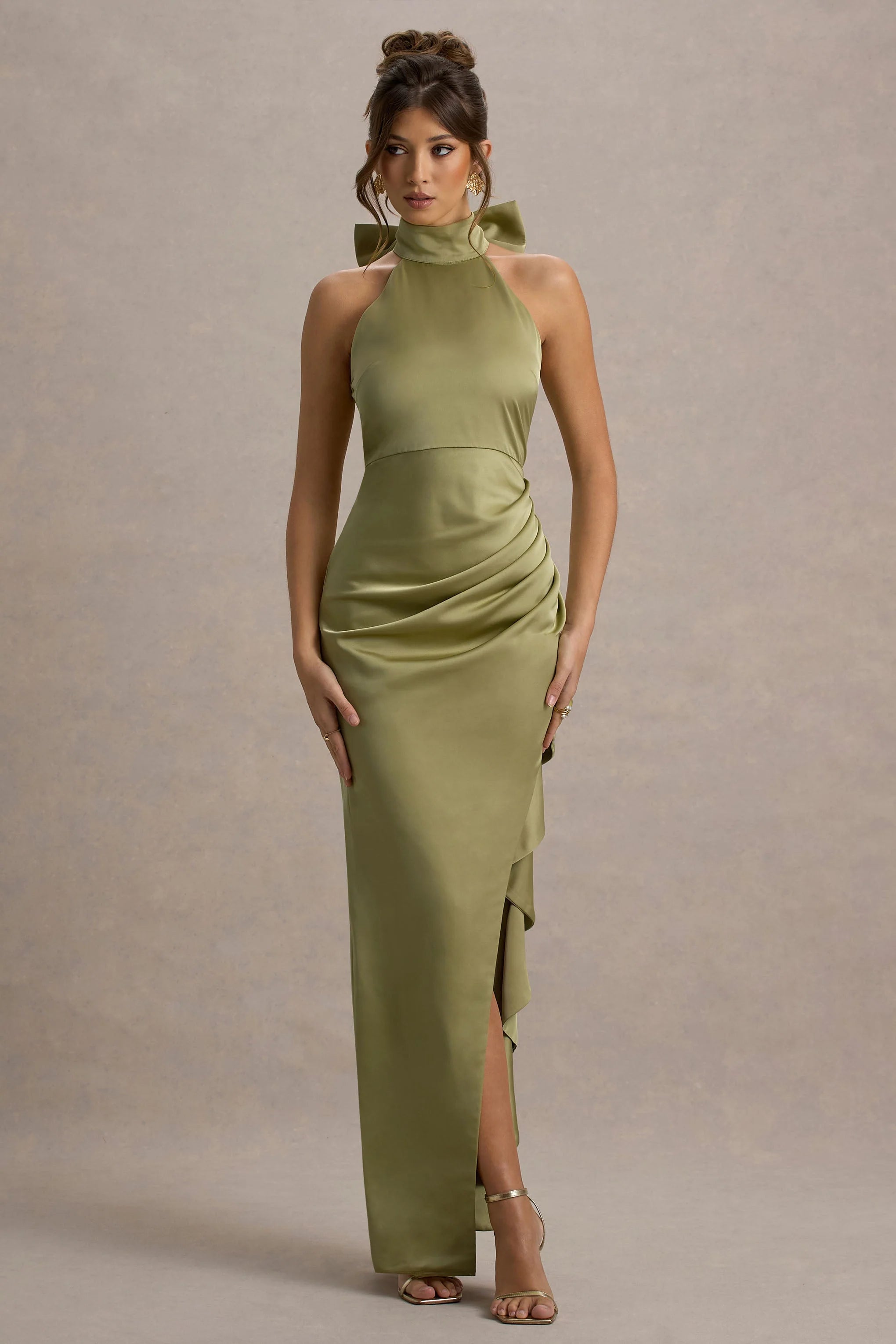 Maureen Light Green Satin High Neck Draped Maxi Dress
