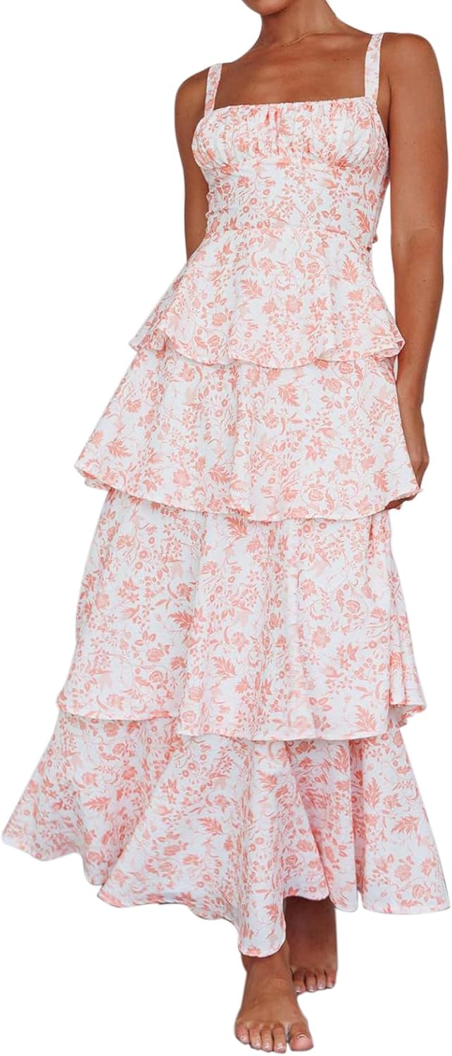 Women Floral Maxi Dress Sleeveless Bow Back Tiered Boho Flowy Long Dresses Summer Fall