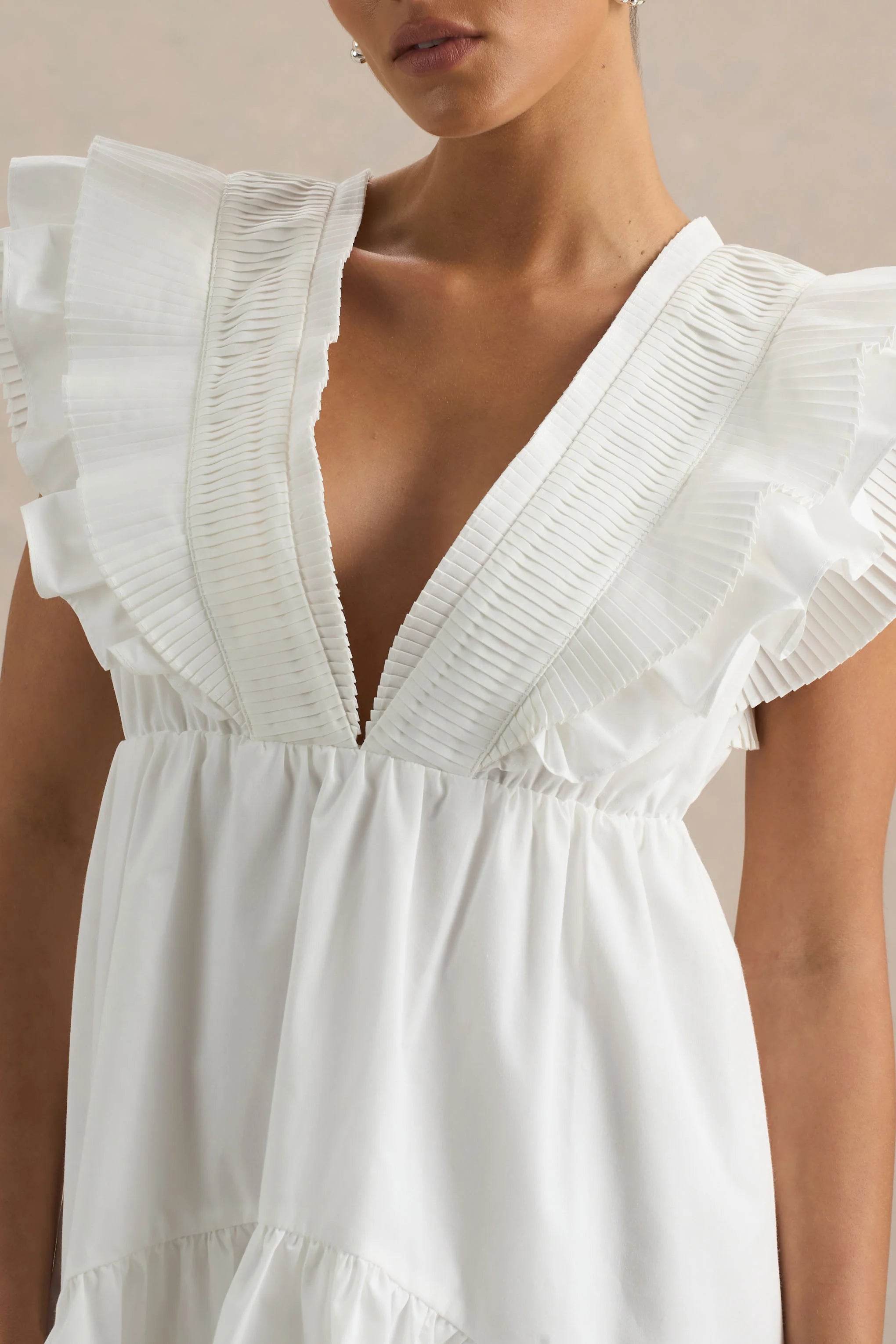 Judie White Poplin V Neck Ruffled Mini Dress