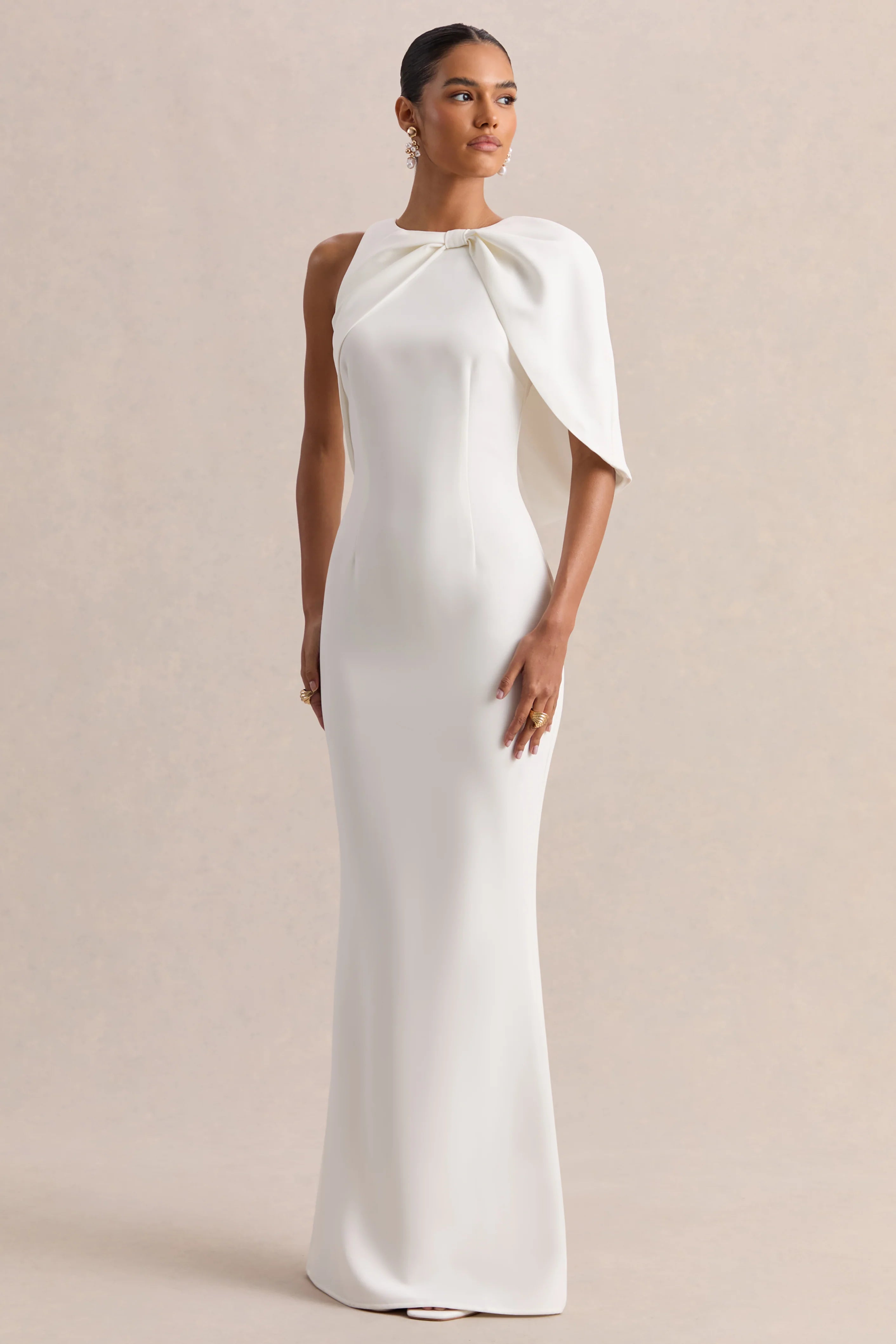 Quira White Asymmetric Neck Maxi Dress With Cape Sleeve