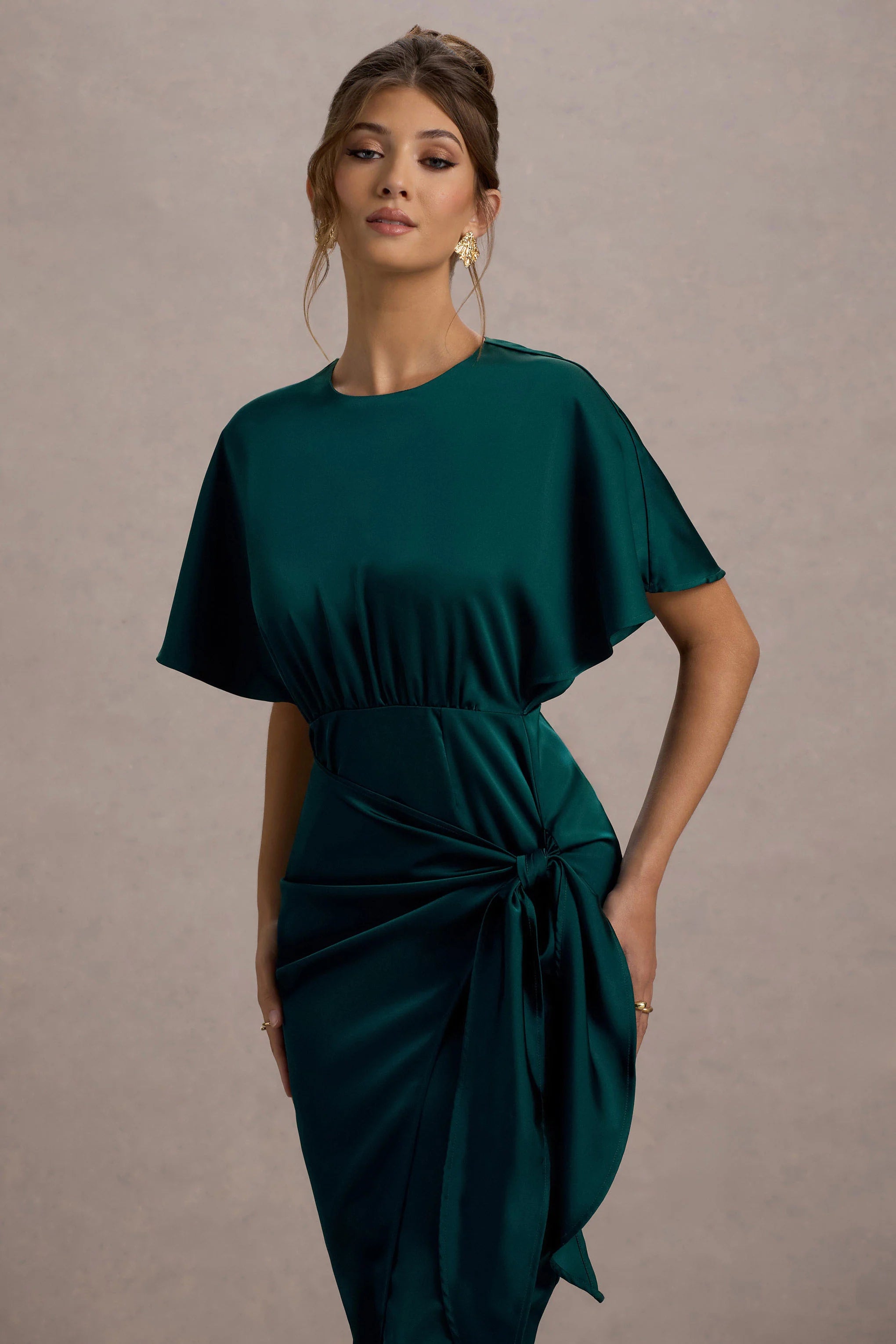 Mika Bottle Green Satin Short Sleeve Wrap Maxi Dress