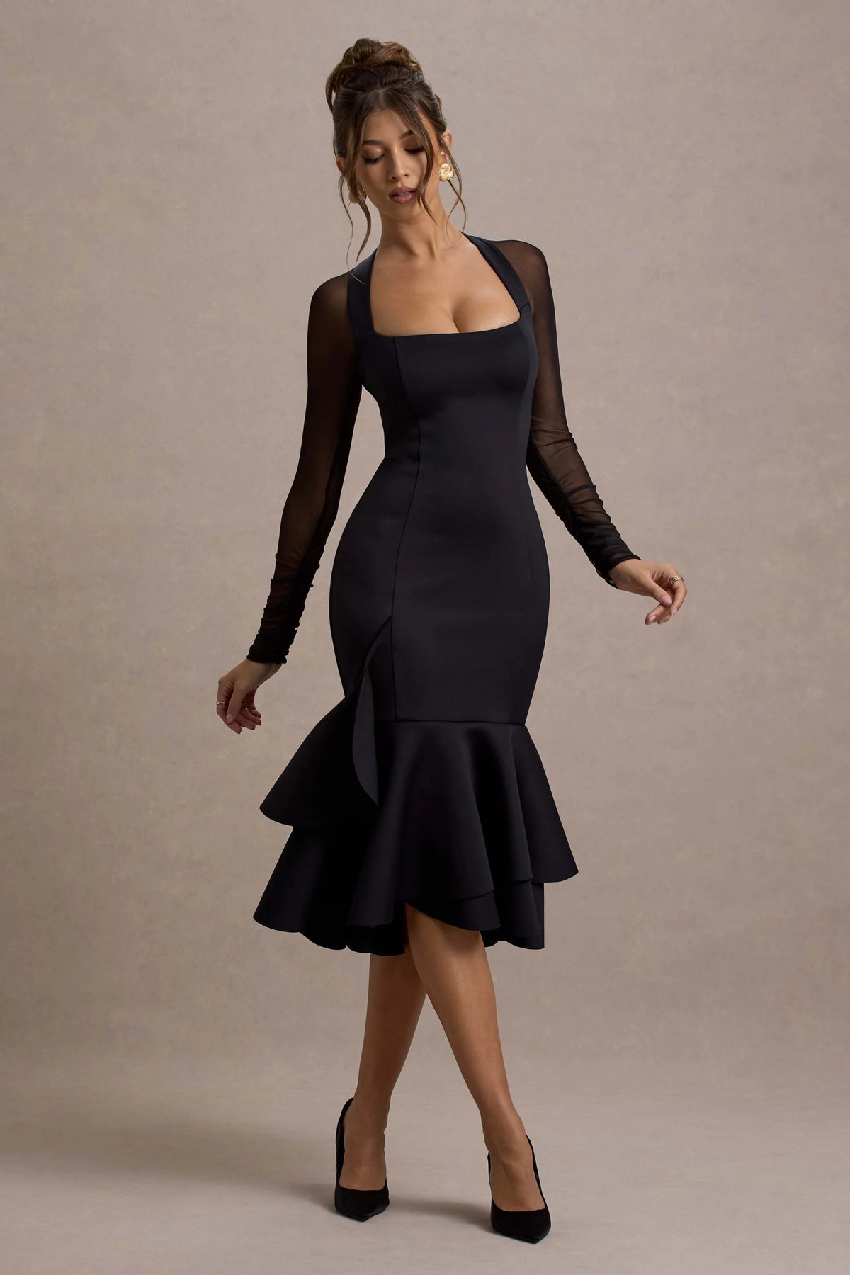 Sander Black Mesh Long Sleeve Ruffle Hem Midi Dress