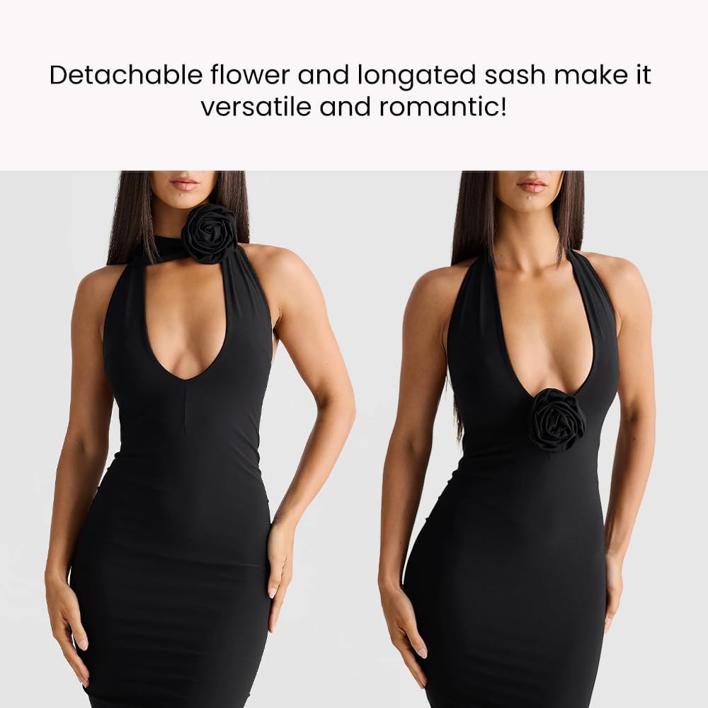 Women Sexy Backless Dress Halter Deep V Neck Detachable Flower Sleeveless Open Back Maxi Dress Cocktail Prom Formal Dresses