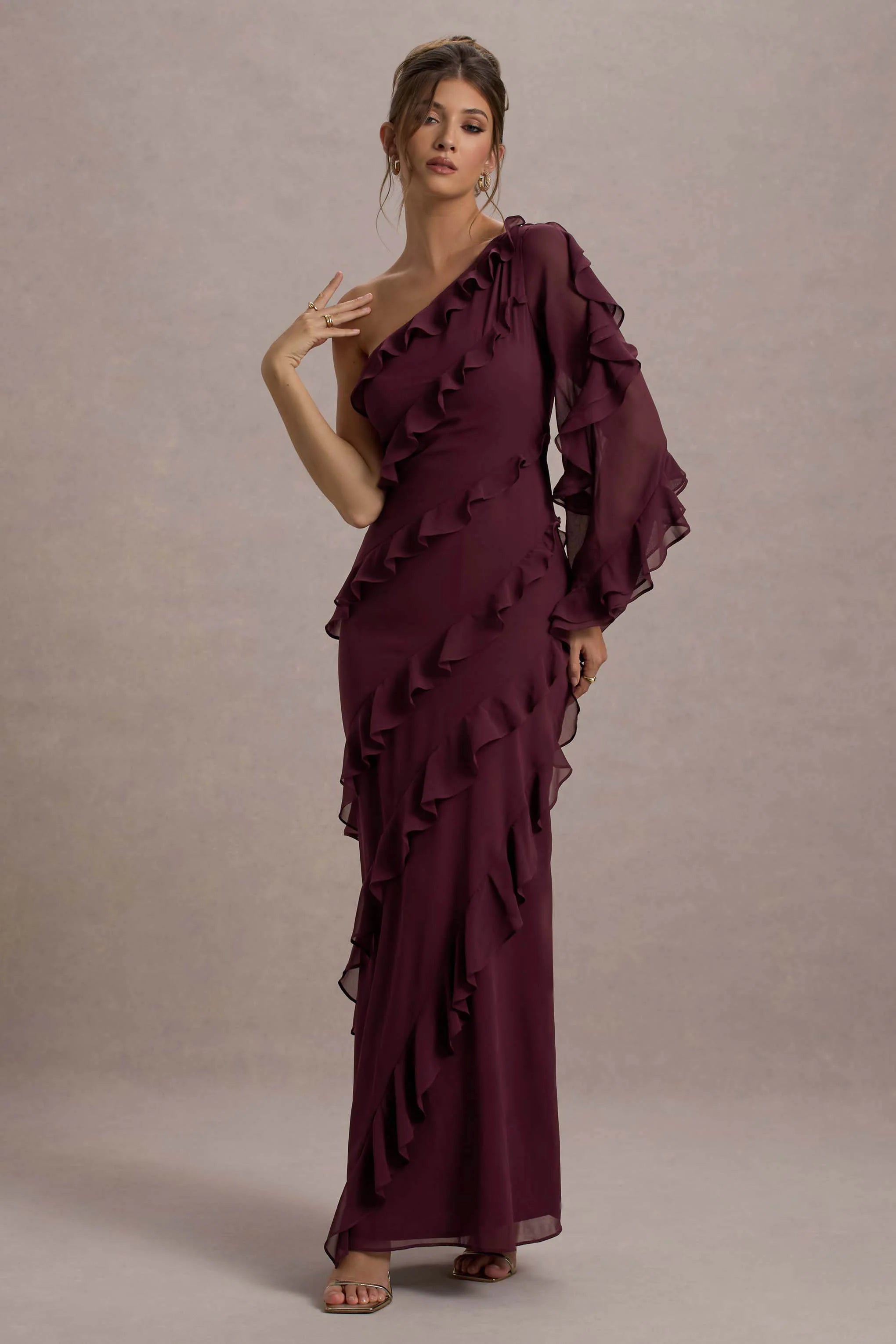 Lalika Burgundy Asymmetric One Sleeve Ruffle Maxi Dress