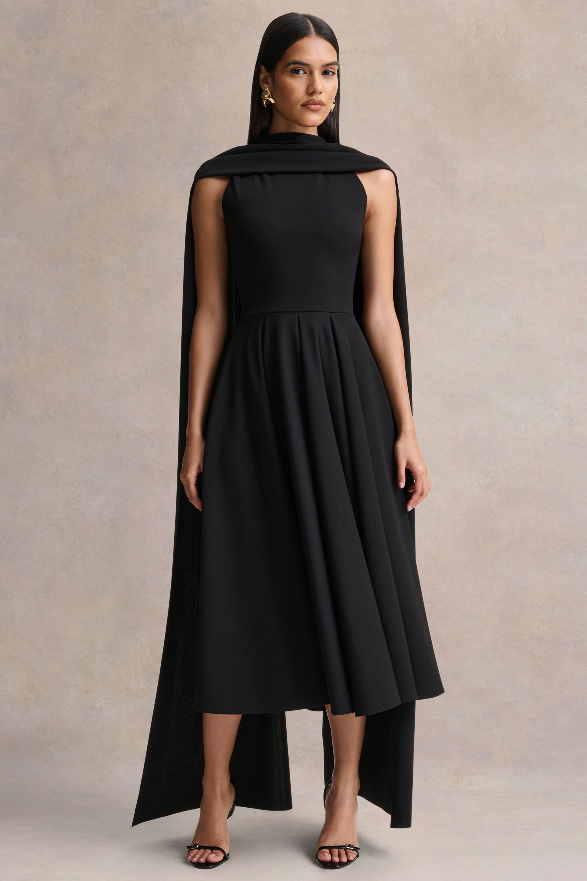 Nova Black High Neck Midi Dress With Cape Sleeves