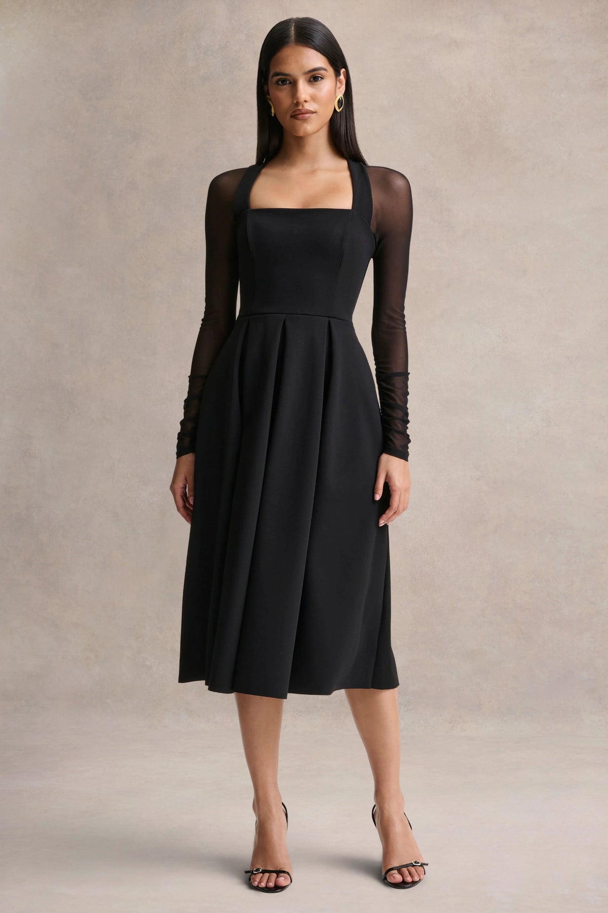 Melinda Black Square Neck Midi Dress With Mesh Detailing