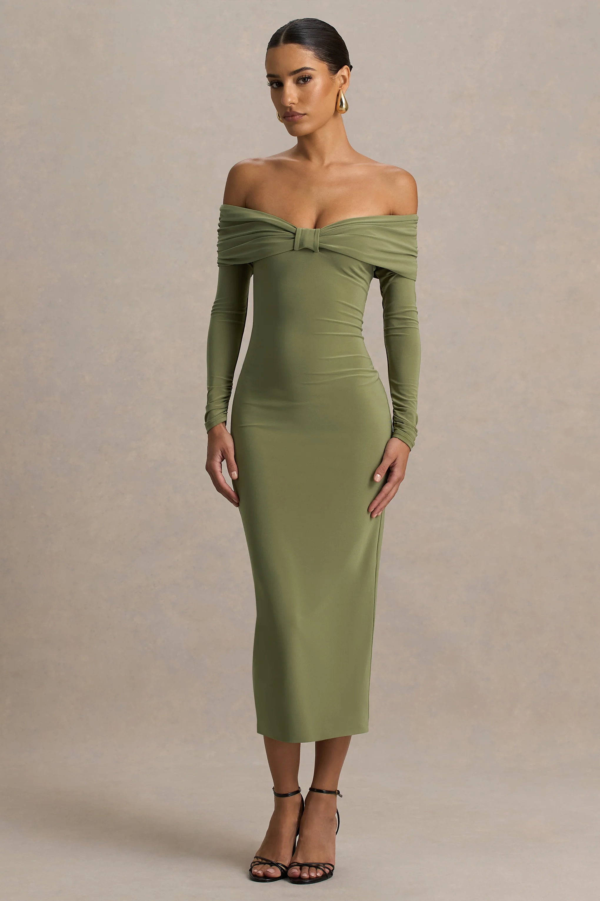 Spark Olive Bardot Neck Midi Dress With Bow Detail