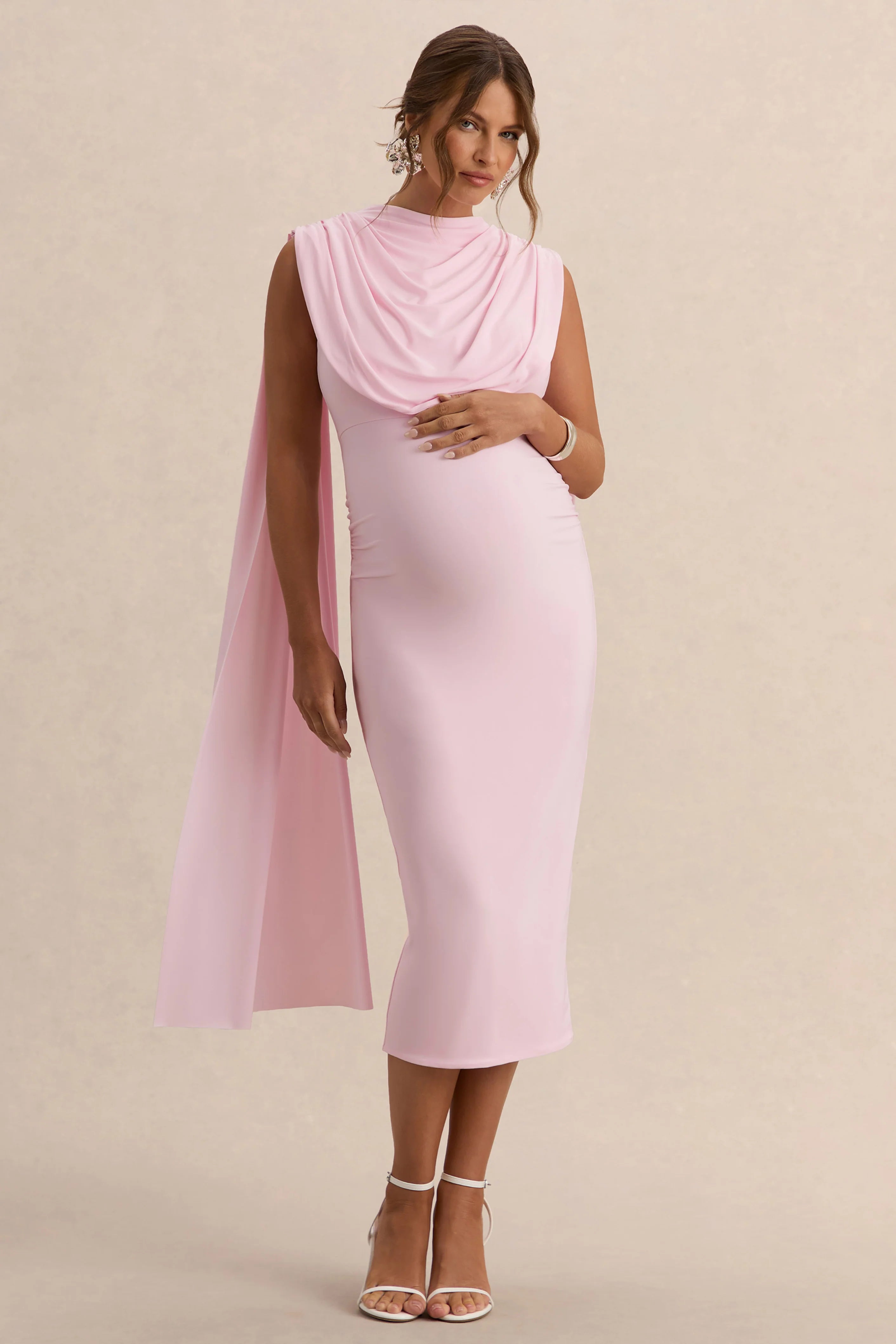 Milaine Light Pink Round Neck Maternity Midi Dress With Cape Sleeves