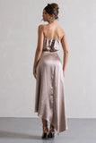 Willa Taupe Satin Bandeau Maxi Dress With Asymmetric Hem