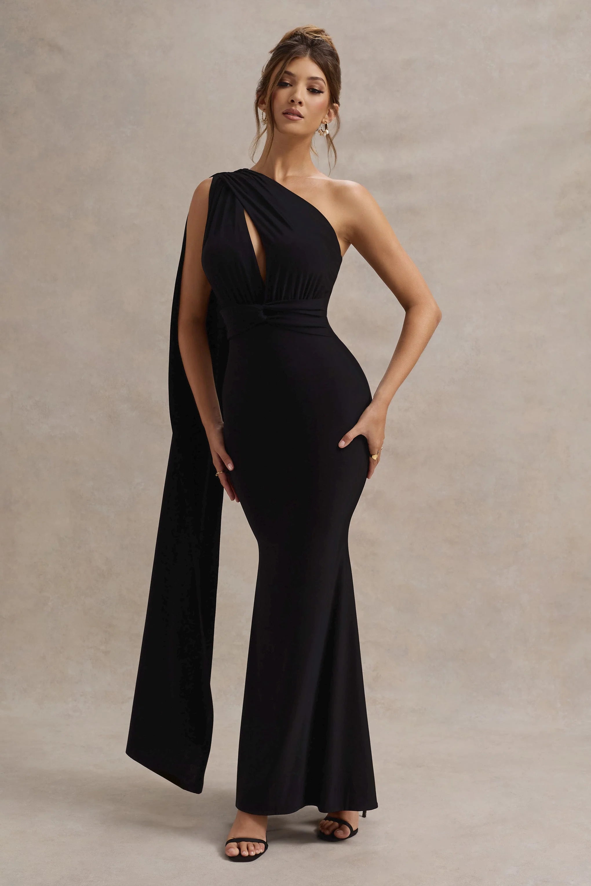 Elaina Black Asymmetric Knot Maxi Dress With Sash