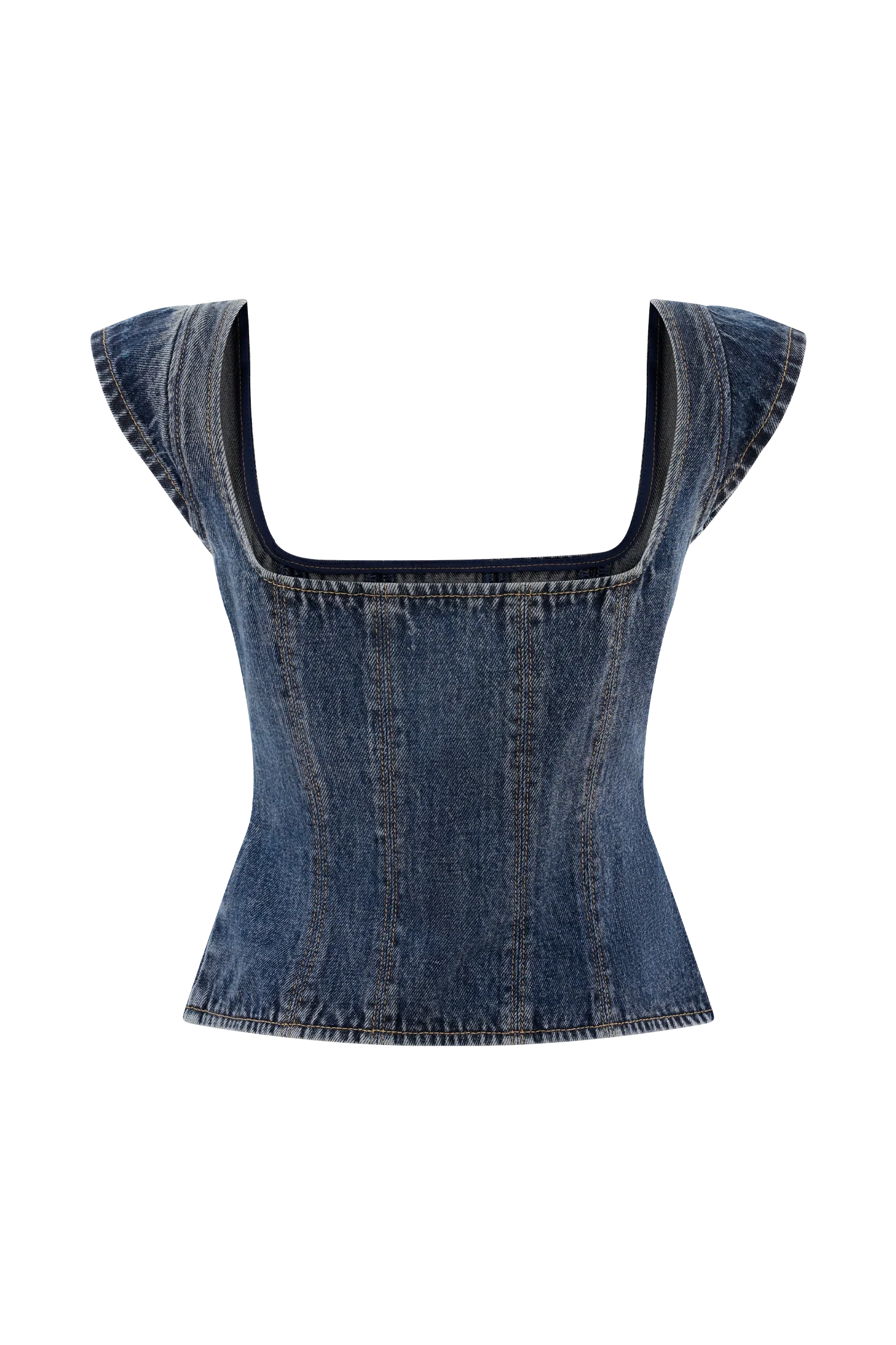 Loretta Cap Sleeve Denim Top Washed Dark Blue