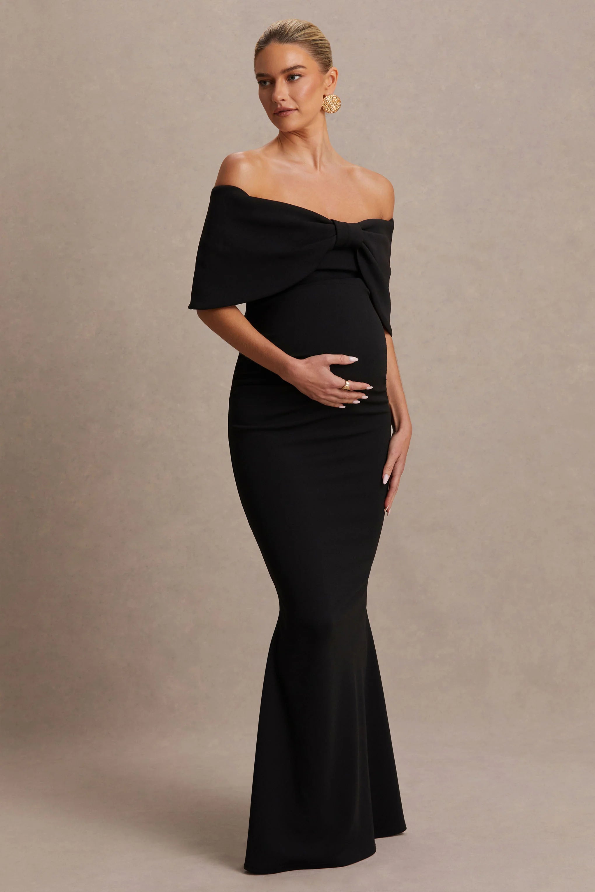Libra Black Bow Bardot Maternity Maxi Dress