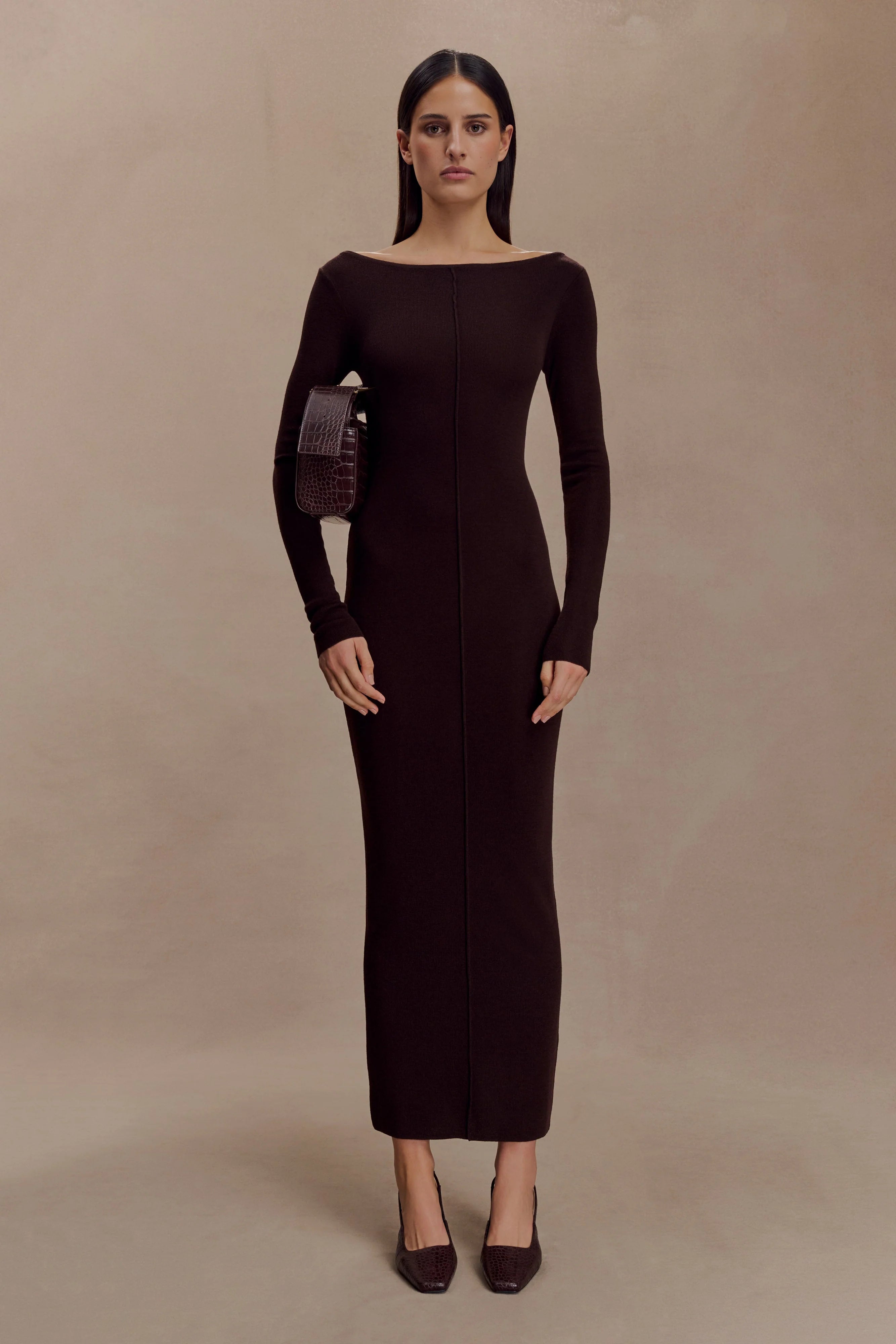 Cleona Merino Wool Ribbed Long Sleeve Maxi Dress Deep Chocolate