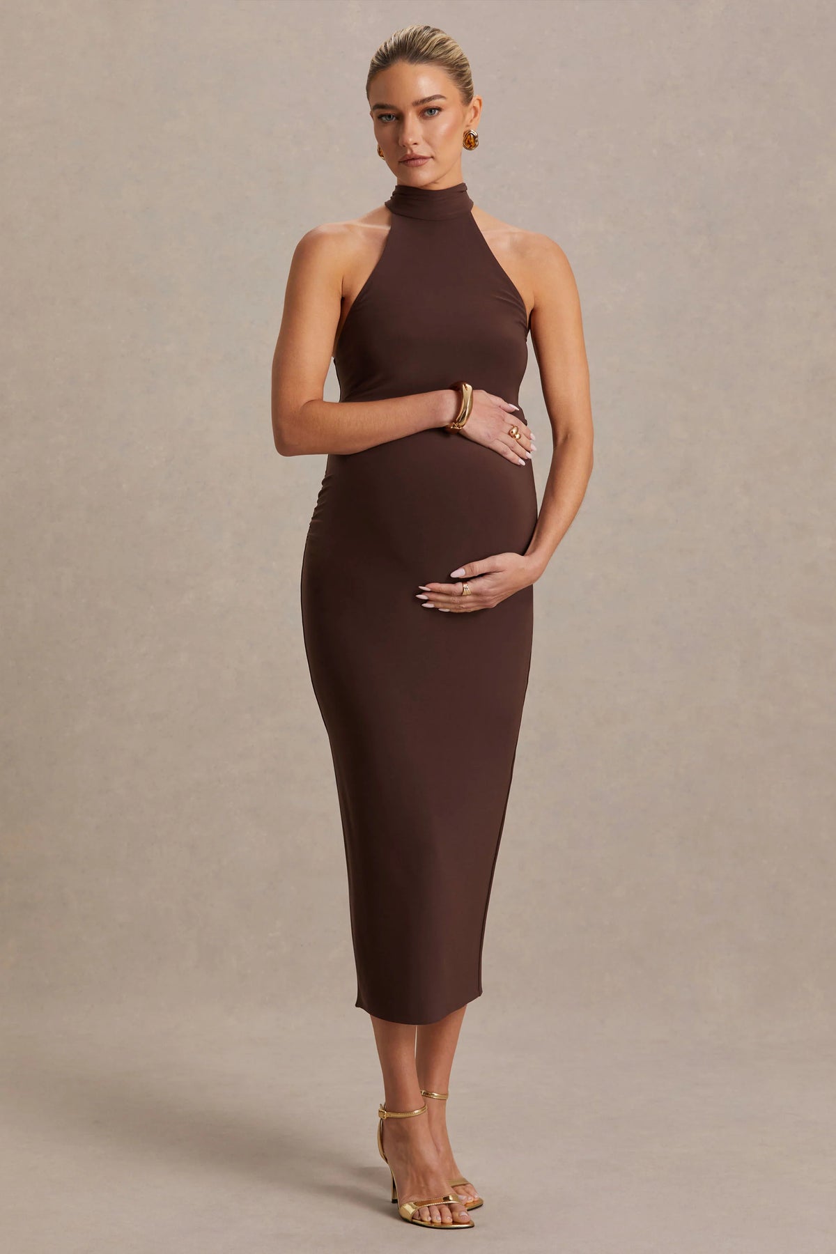 Mireille Brown Halter Neck Maternity Midi Dress