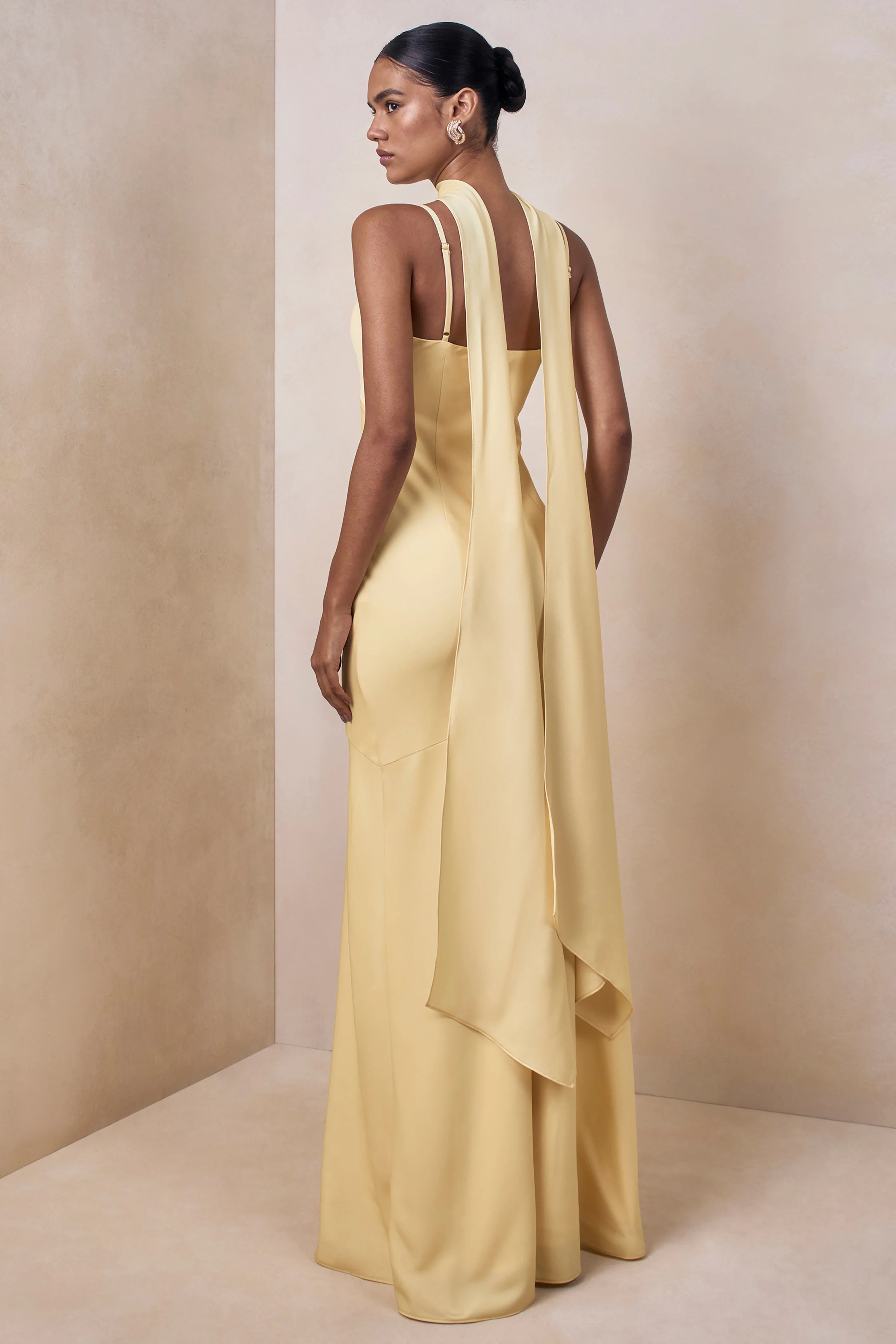 Starling Lemon Matte Satin Plunge Neck Maxi Dress With Scarf Detail