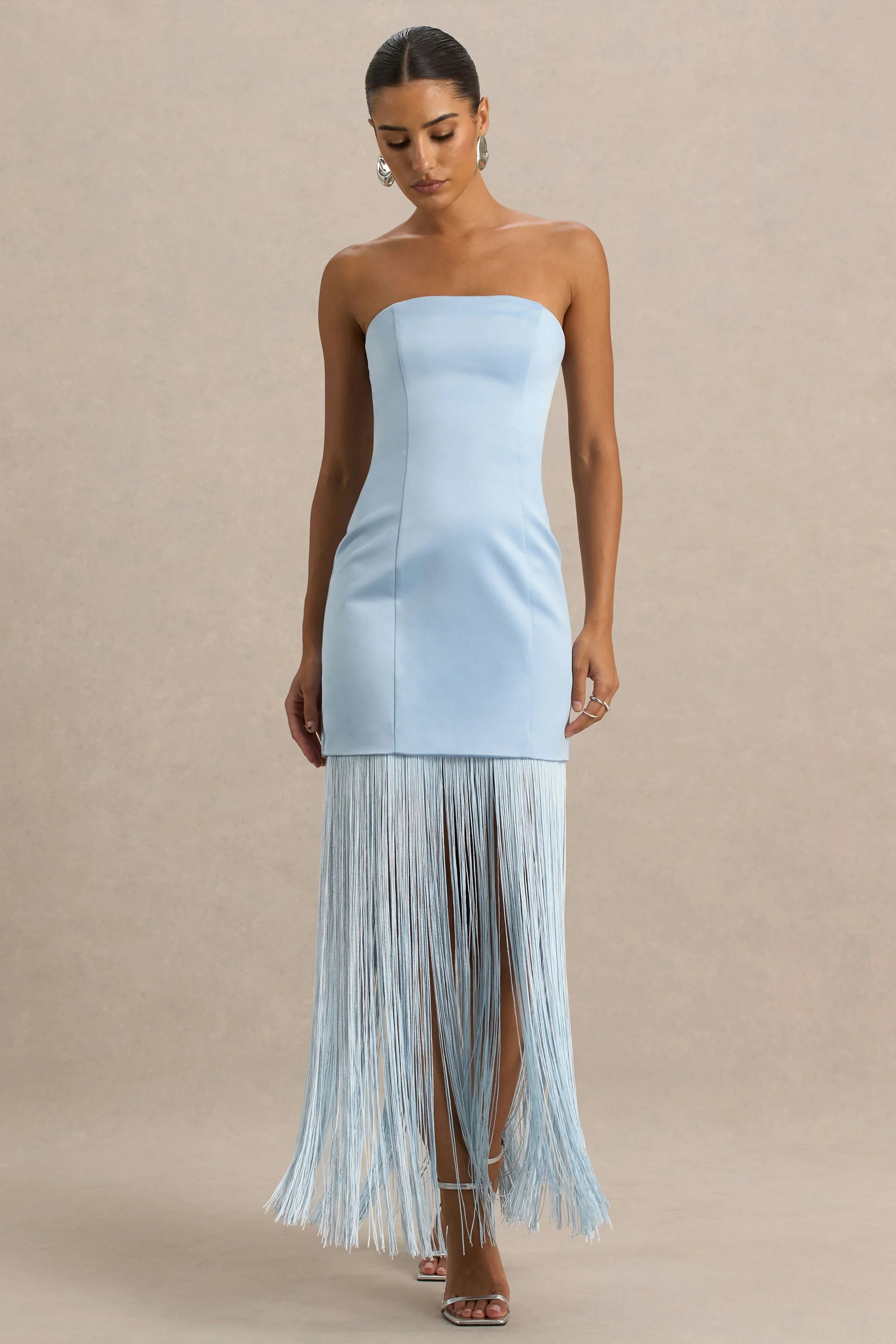 Trinity Powder Blue Satin Bandeau Maxi Dress With Fringe