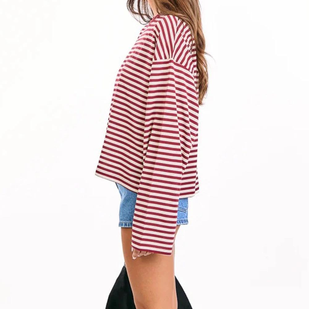 Women Striped Long Sleeve Shirt Crewneck Cropped Pullover Top Fall Winter Vintage Sweatshirt Streetwear