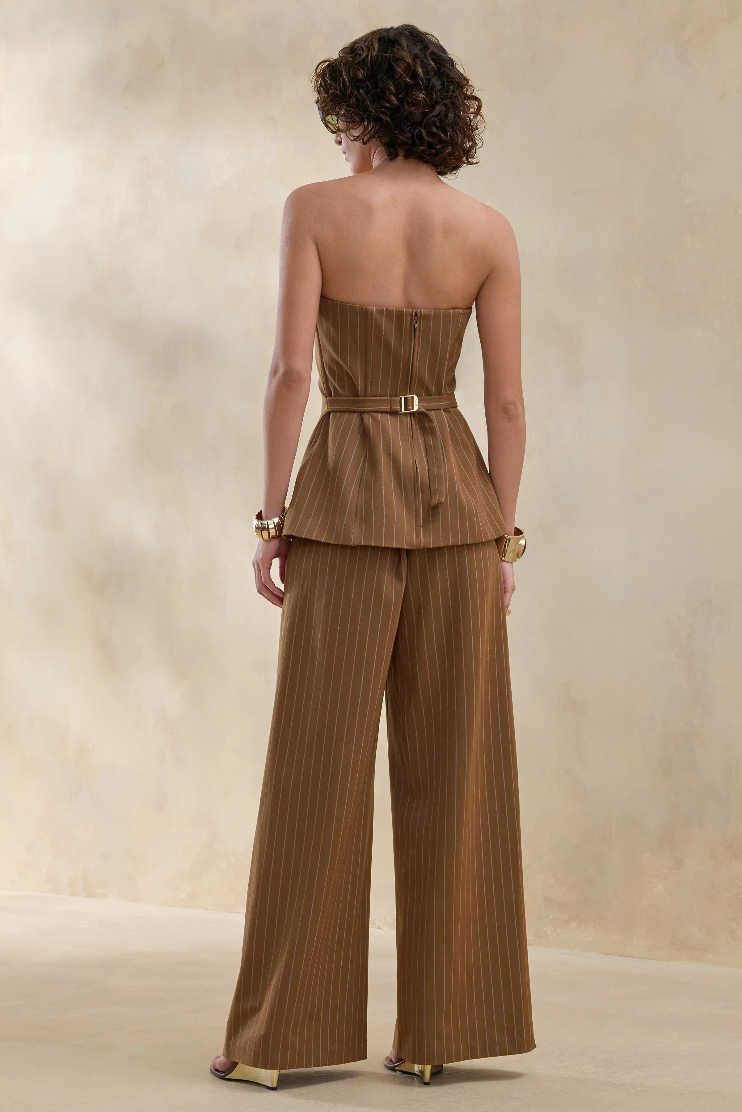 Meliva Brown Pinstripe Wide Leg Tailored Trouser