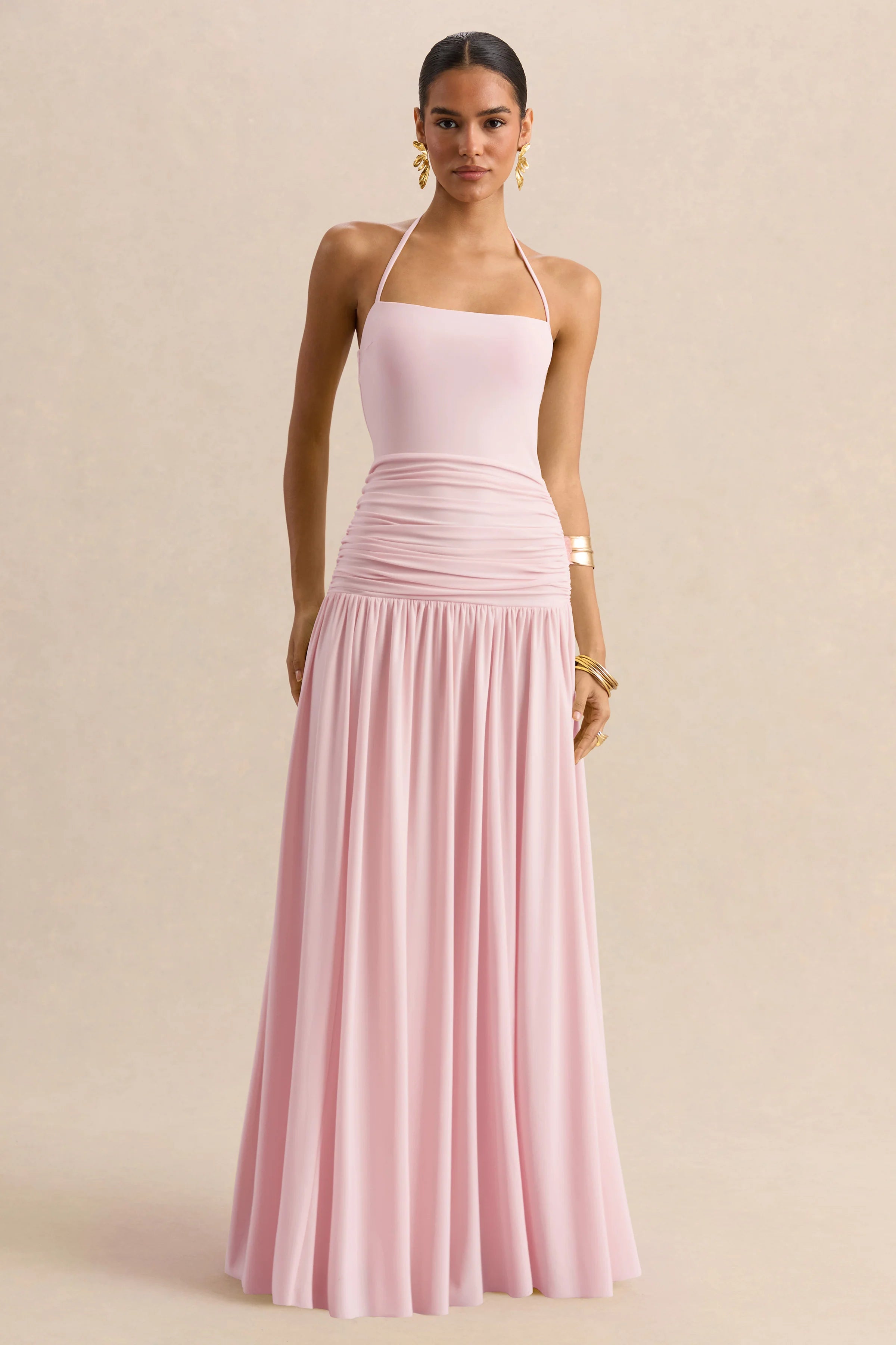 Nicolette Pink Square Neck Maxi Dress With Ruched Detailing