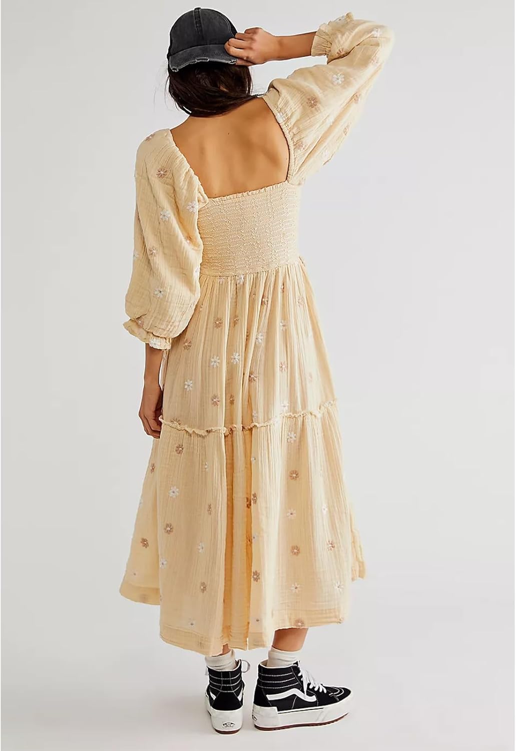 Women Floral Embroidered Maxi Dress Long Puff Sleeve Square Neck Bohemian Flowy Dress with Pockets Summer Fall