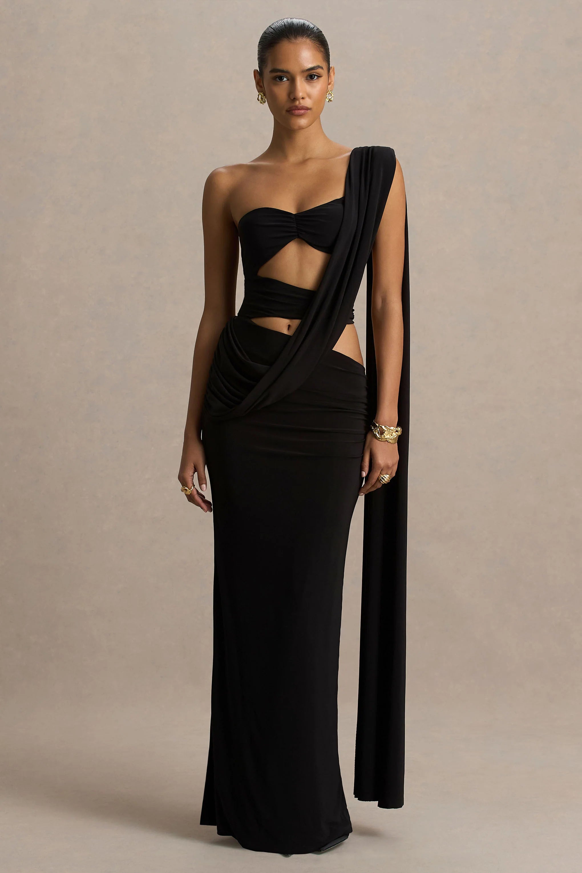 Nebula Black Bandeau Maxi Dress With Body Cut Out Details