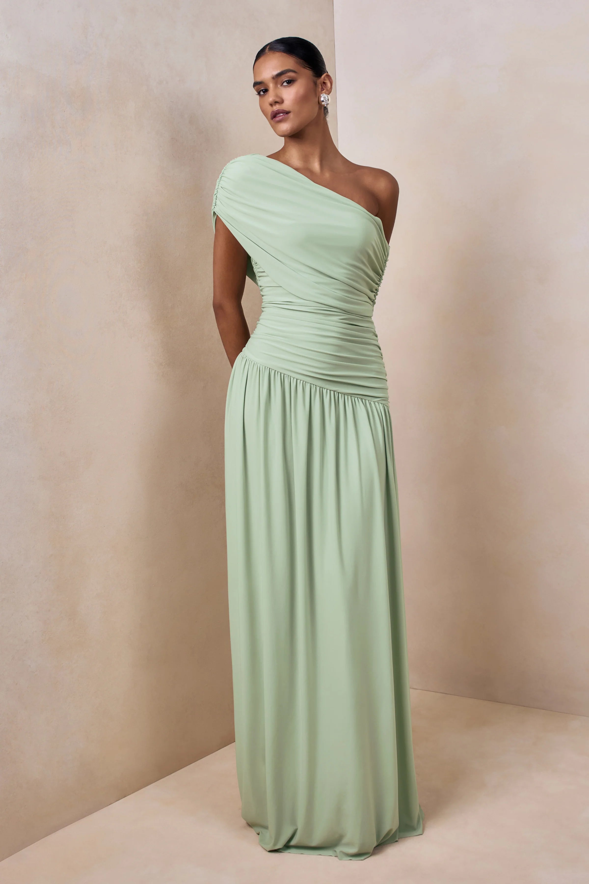 Emberly Green Draped Asymmetric Neck Maxi Dress With Drop Waist