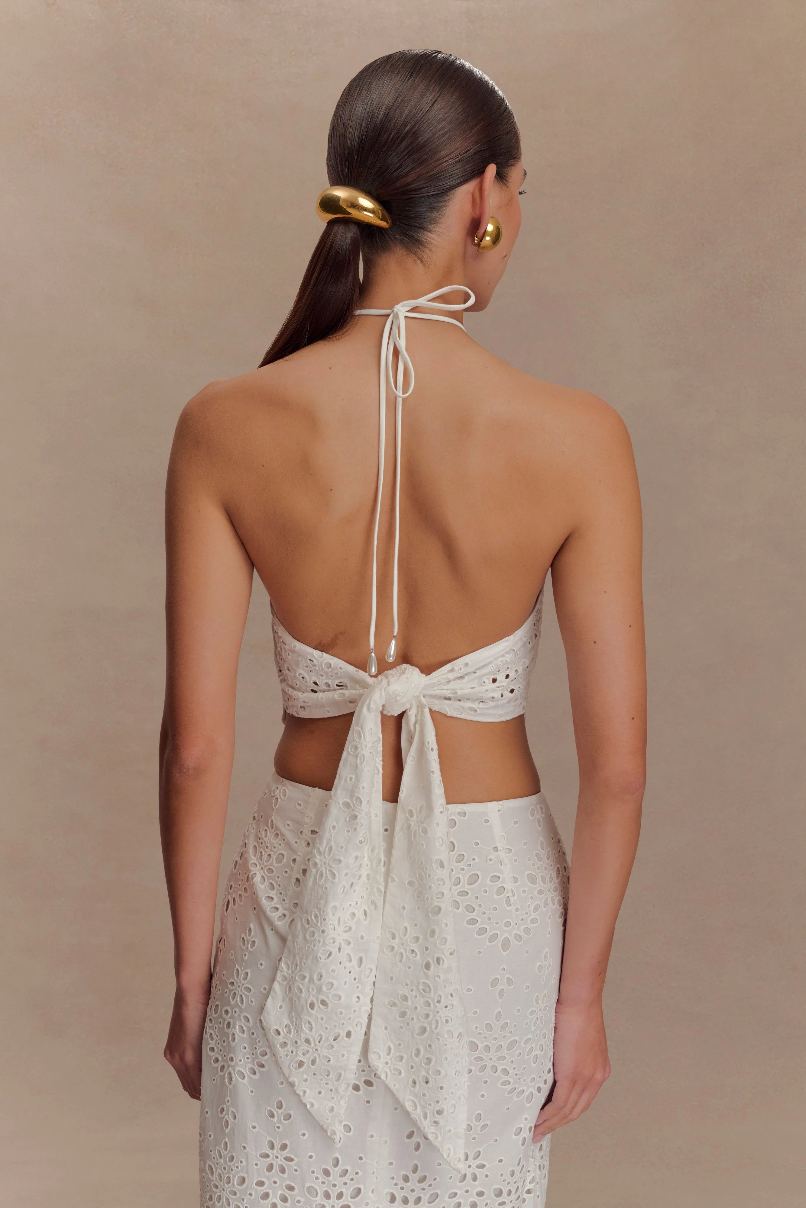 Kensley Broderie Halter Top White