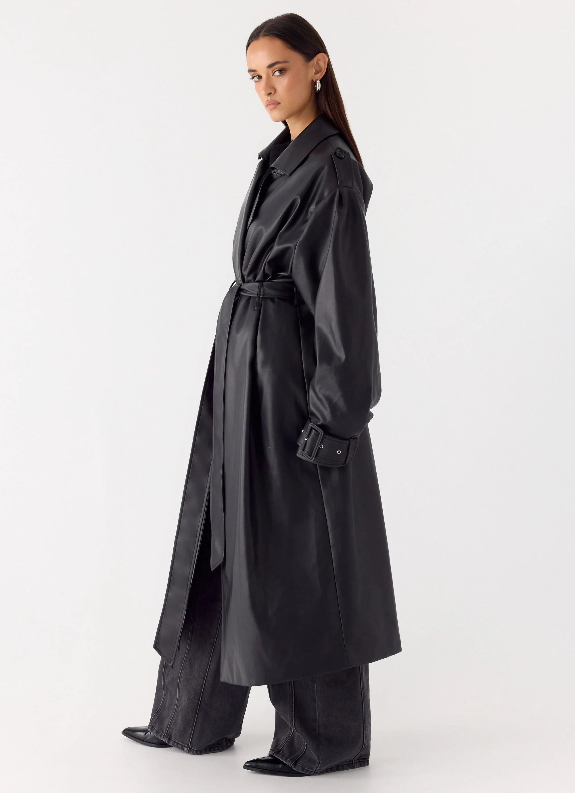 Out On The Town Faux Leather Midi Trench Black