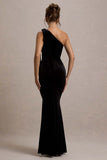 Jillian Black Velvet Asymmetric Maxi Dress With Bow Strap