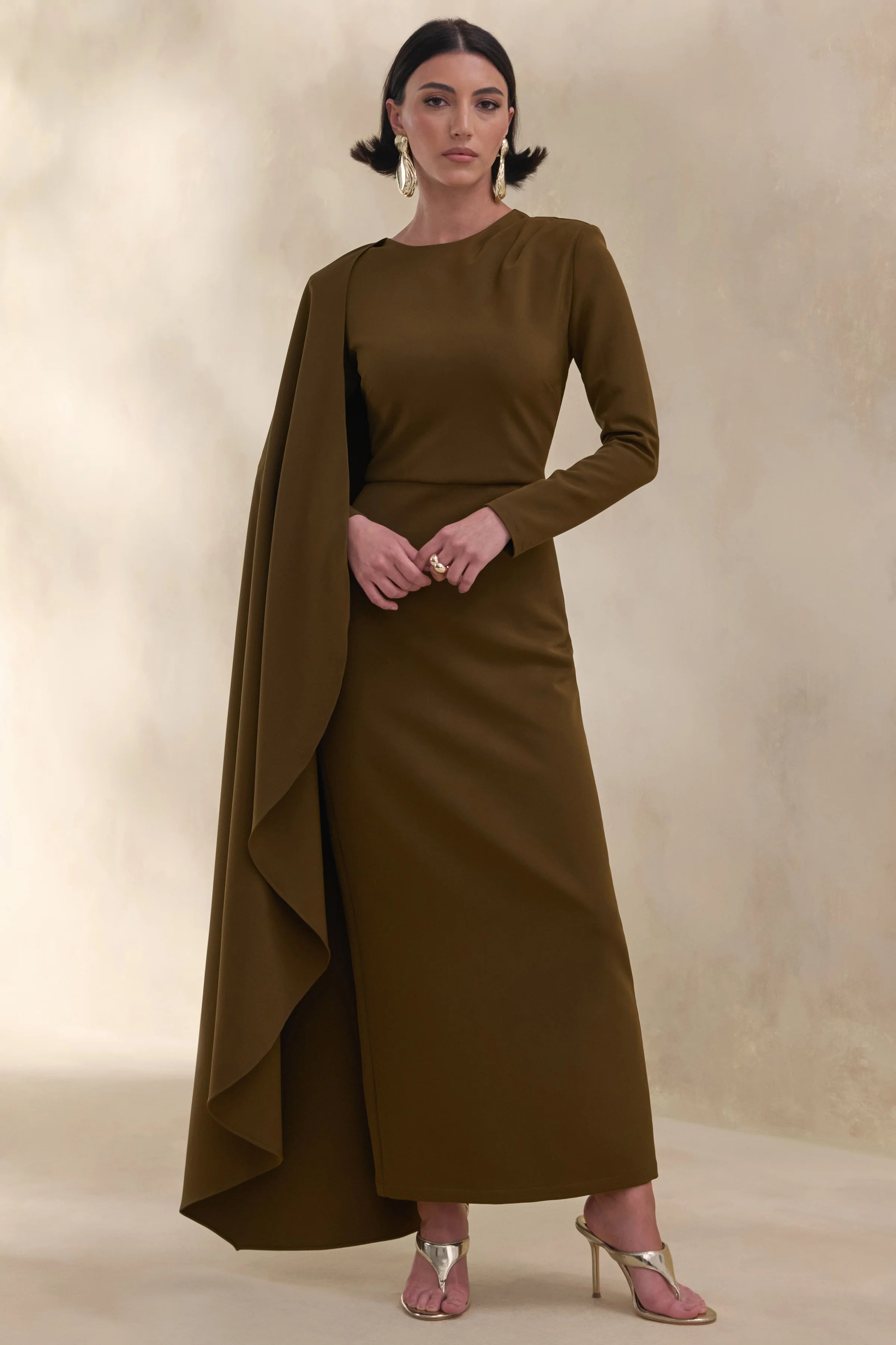 Jovea Olive Round Neck Maxi Dress With Cape Sleeve
