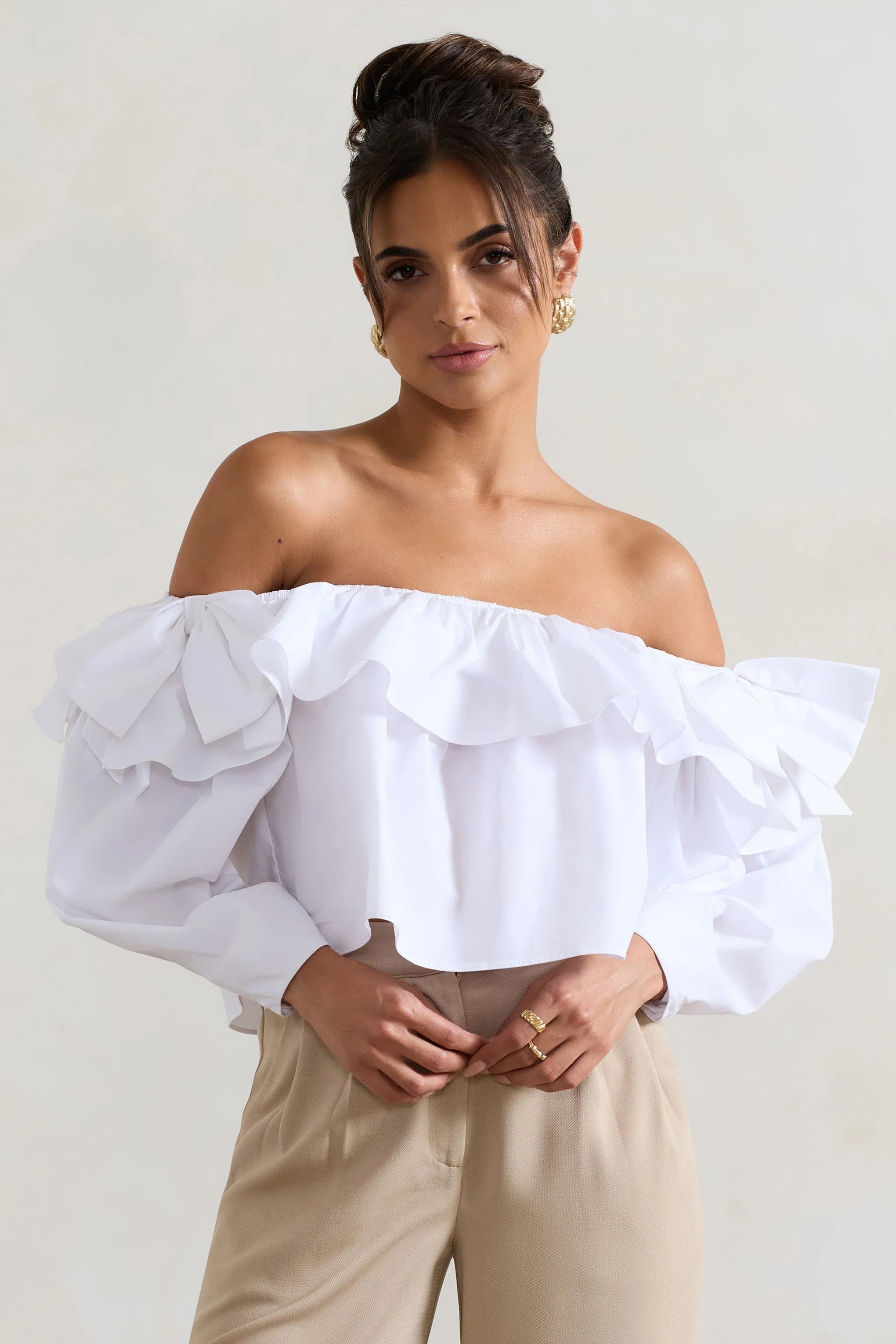 Cove White Bardot Puff Sleeve Ruffle Top With Bows