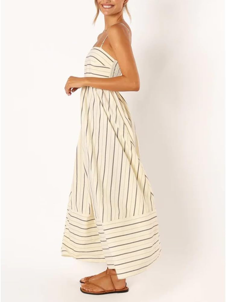 Women Striped Maxi Dress Sleeveless Backless Cutout Smocked Sundress Spaghetti Straps Boho Flowy Dresses