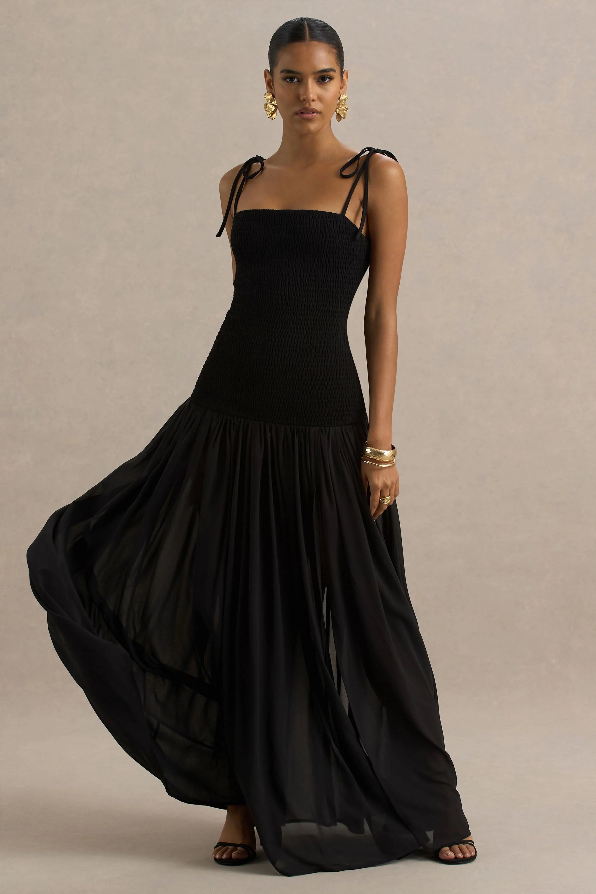 Maeva Black Square Neck Fishtail Maxi Dress With Ruched Detailing