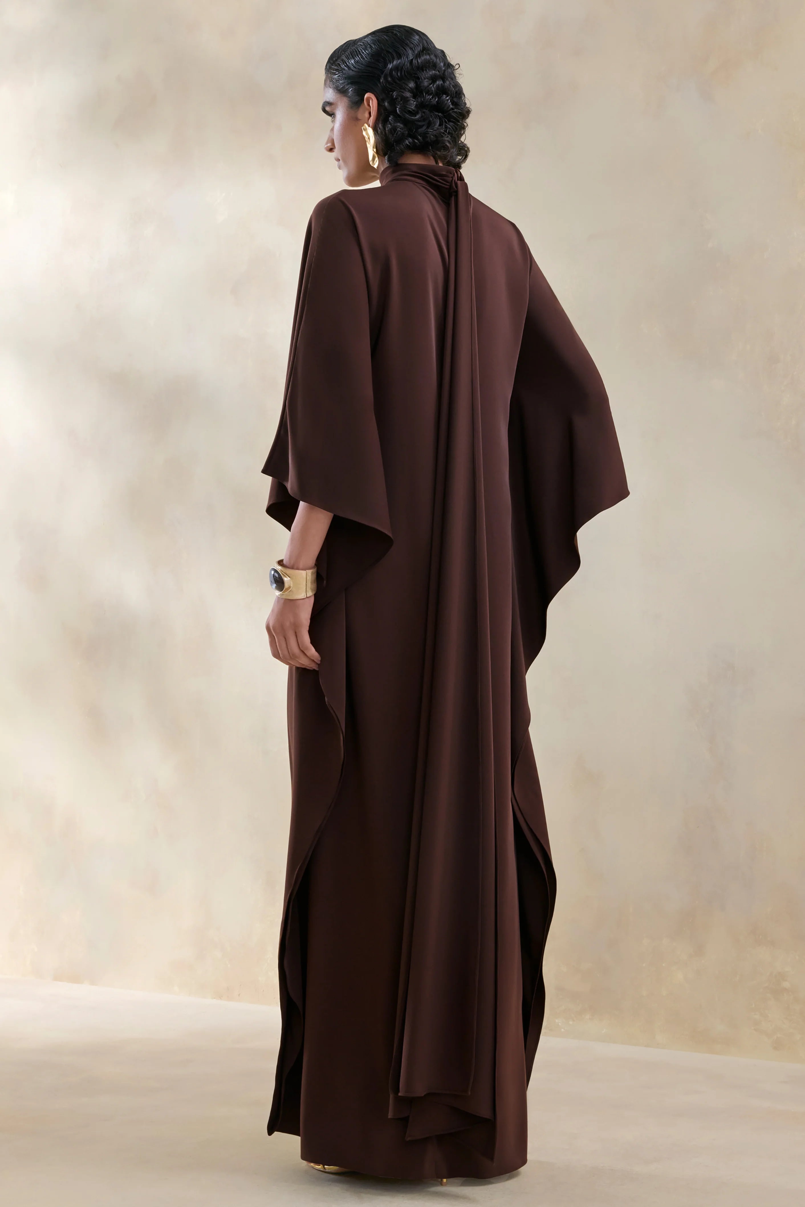 Lumisette Brown Satin High Neck Maxi Dress With Cape